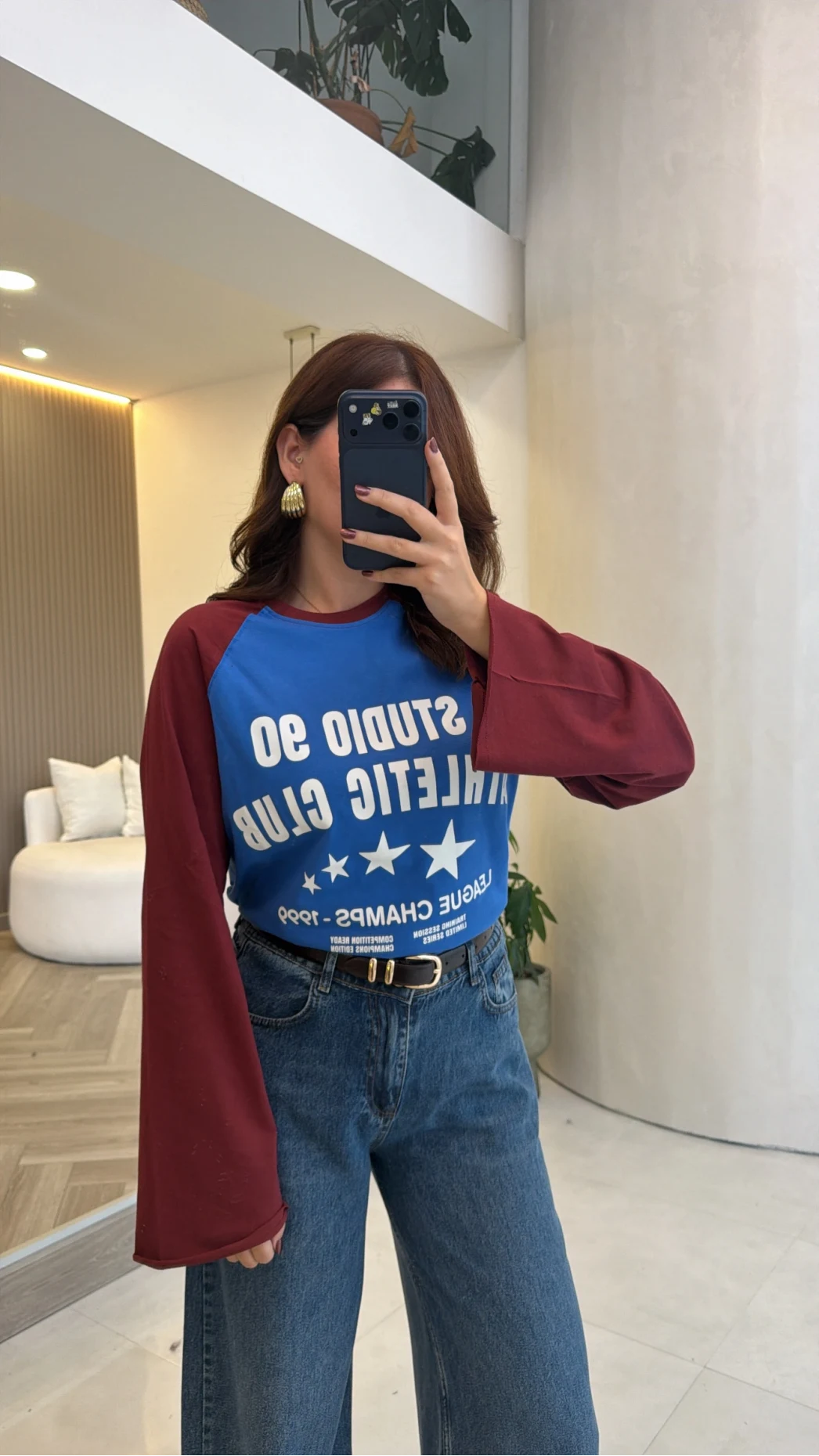 Mavi Bordo Renk Geçişli Baskılı Sweatshirt