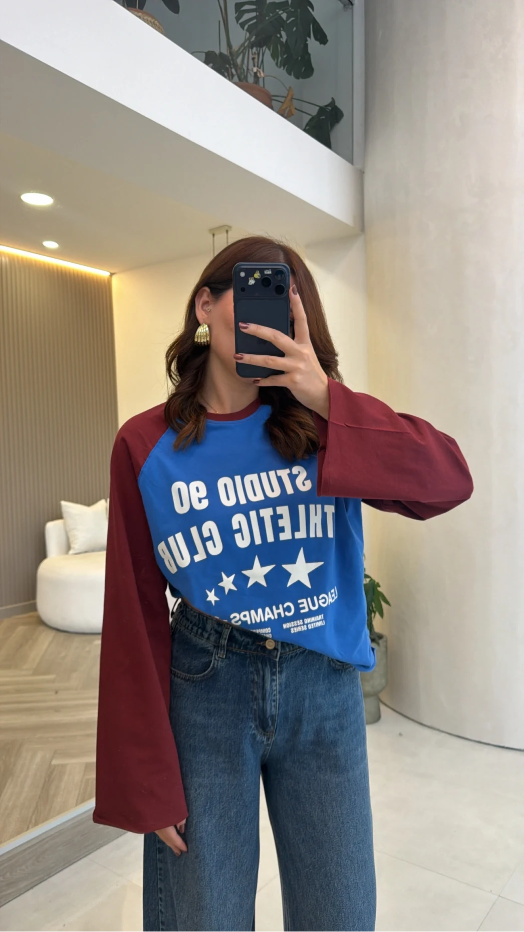 Mavi Bordo Renk Geçişli Baskılı Sweatshirt