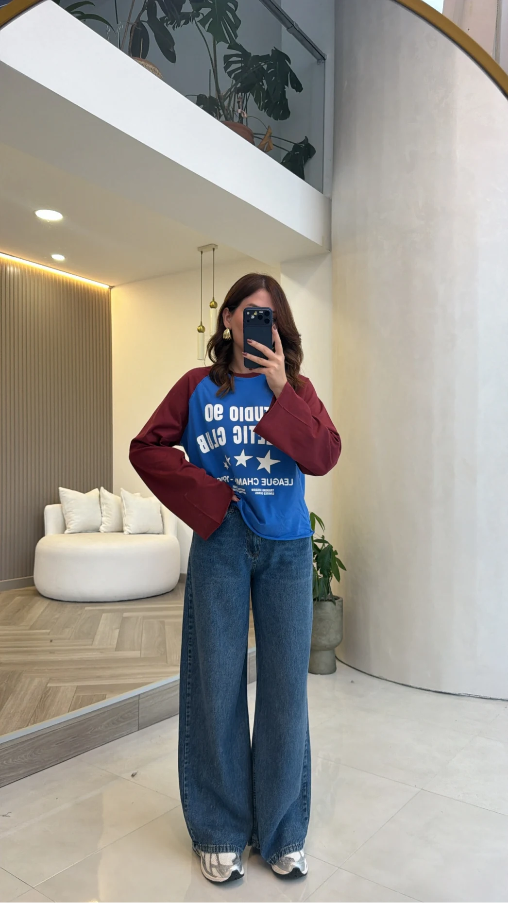 Mavi Bordo Renk Geçişli Baskılı Sweatshirt