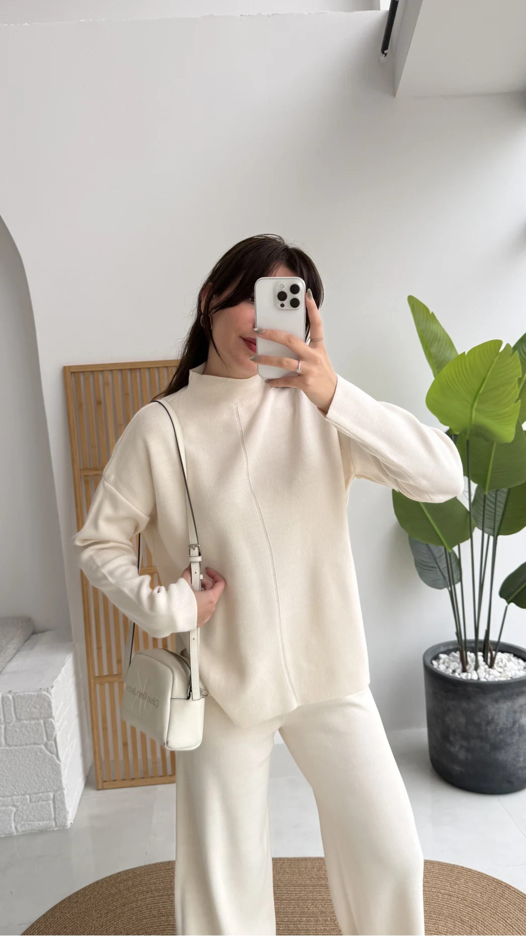 Maysa Dik Yaka Triko Takım - Ekru - Kod: 3804