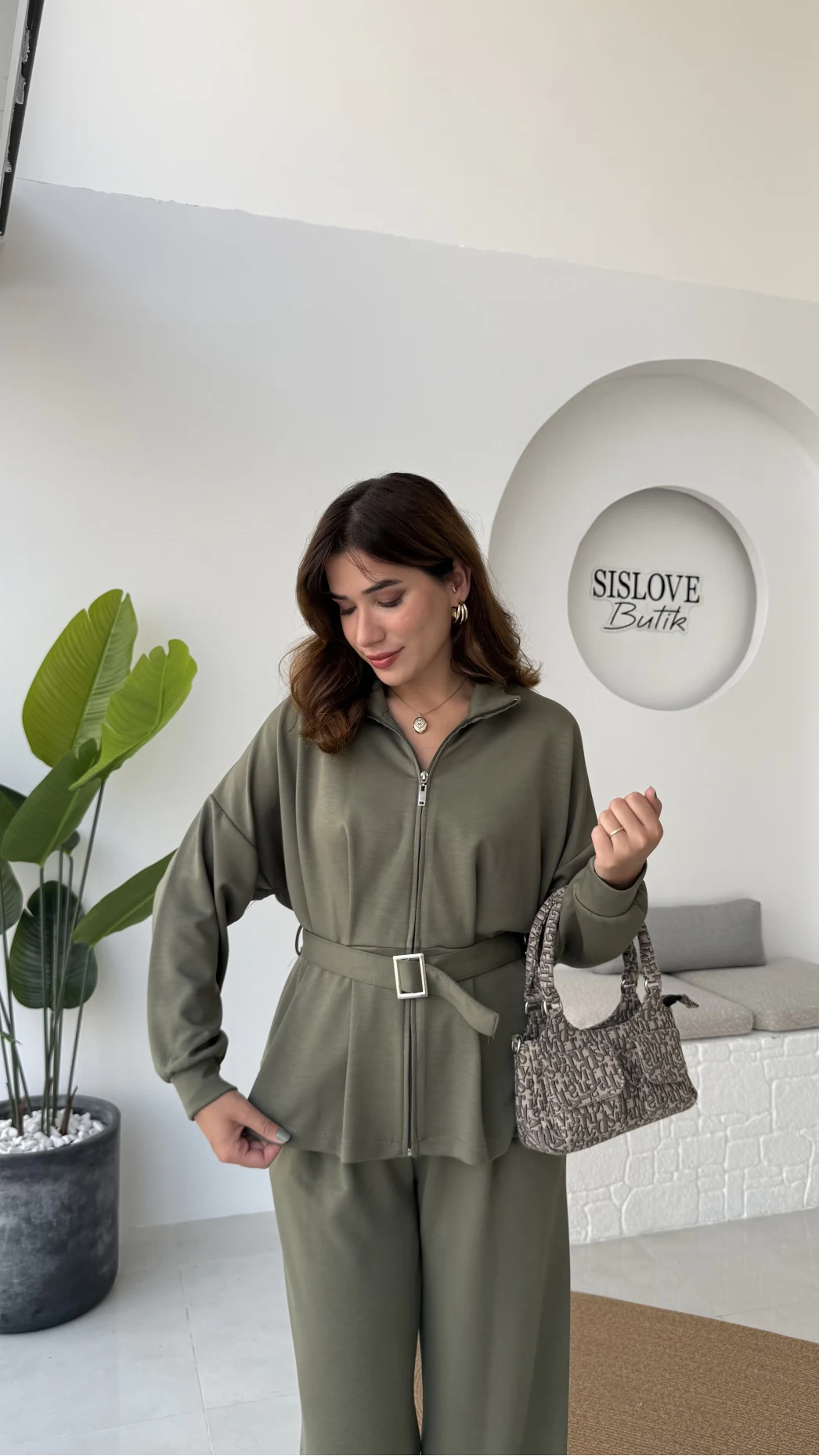 Meeri Kemer Detay Ceket Pantolon Takım - Haki - Kod: 128