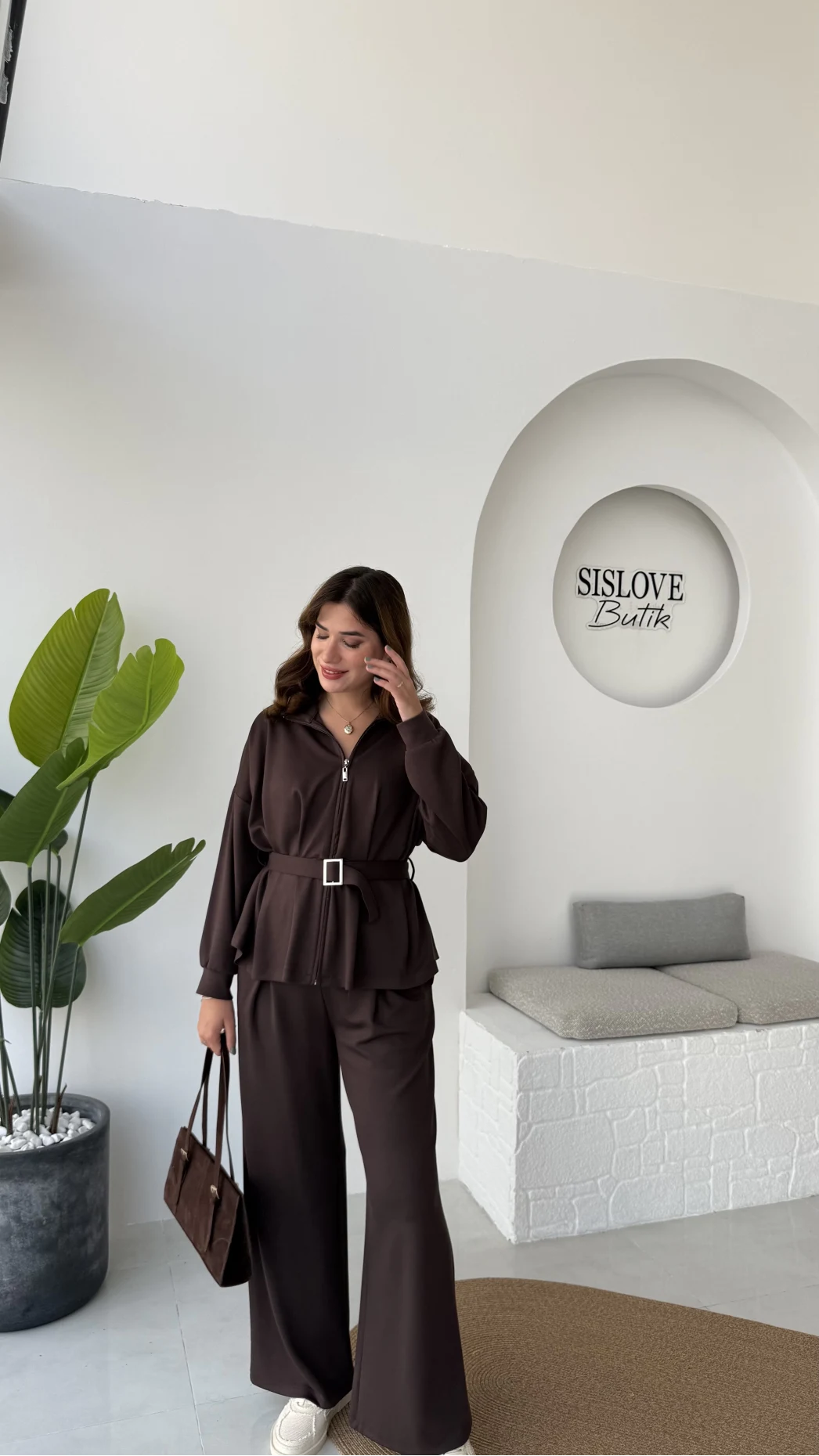 Meeri Kemer Detay Ceket Pantolon Takım - Kahve - Kod: 128