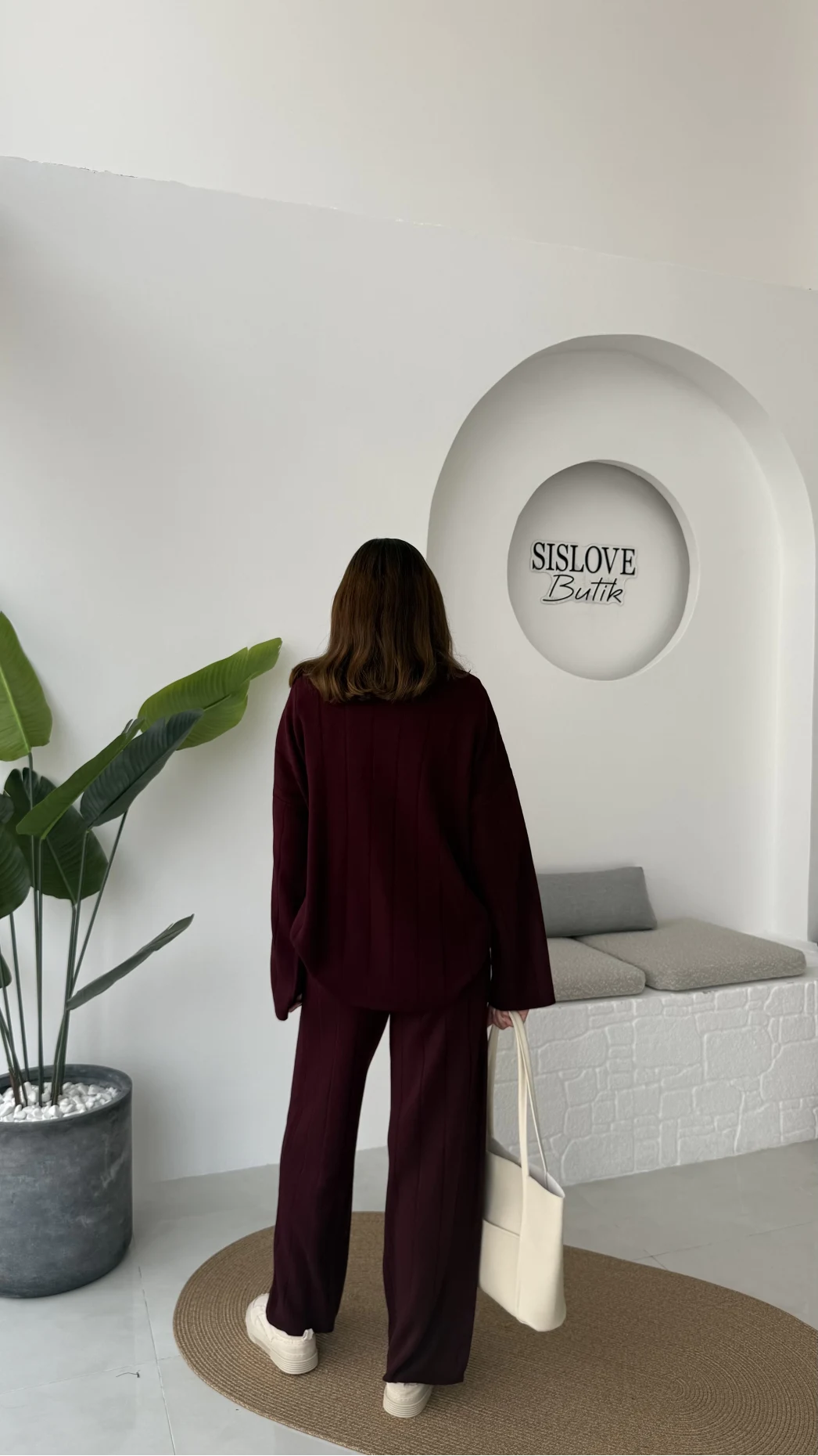 Megan Fitilli Polo Yaka Pantolon Triko Takım - Bordo - Kod: 04588