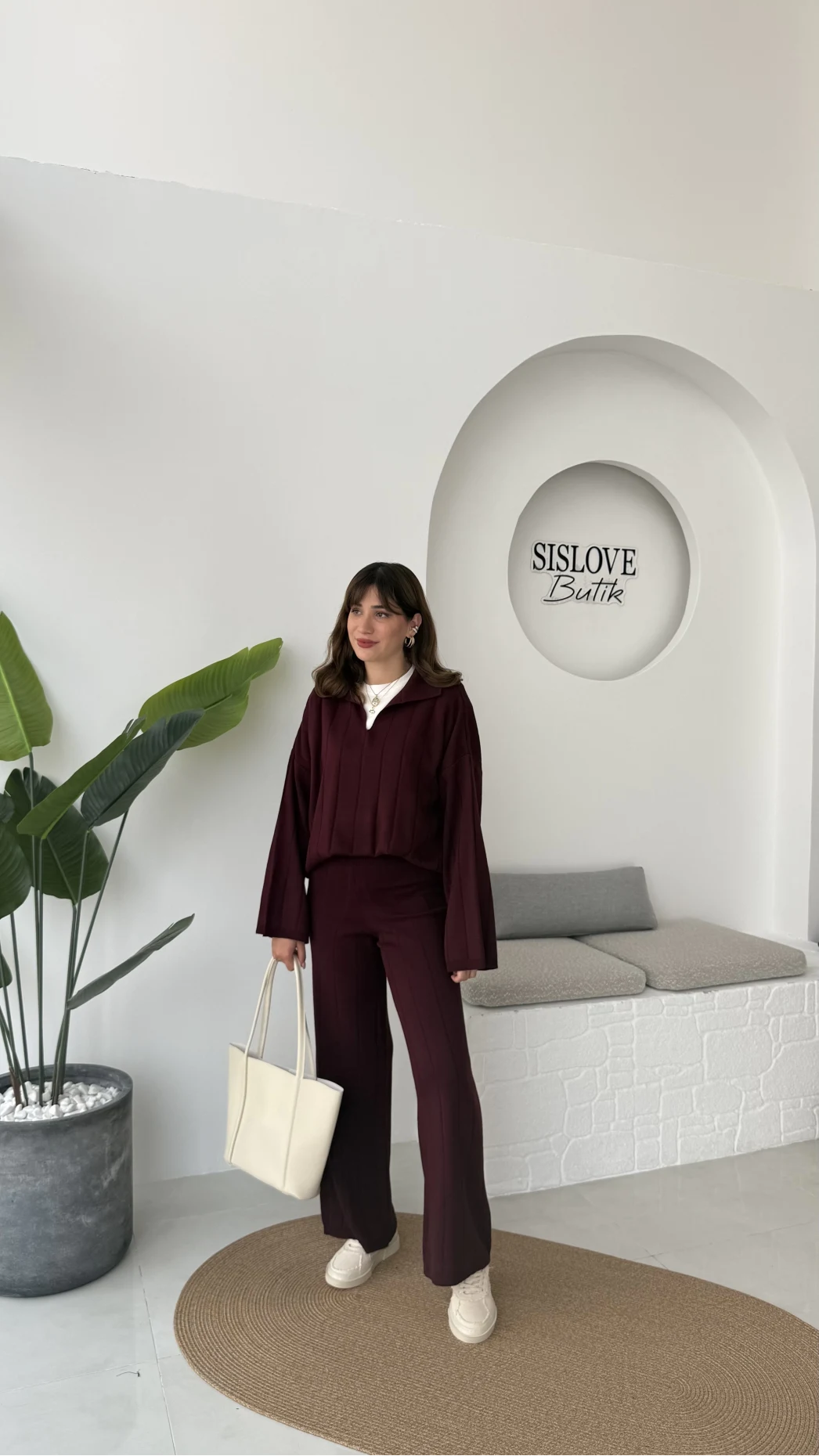 Megan Fitilli Polo Yaka Pantolon Triko Takım - Bordo - Kod: 04588