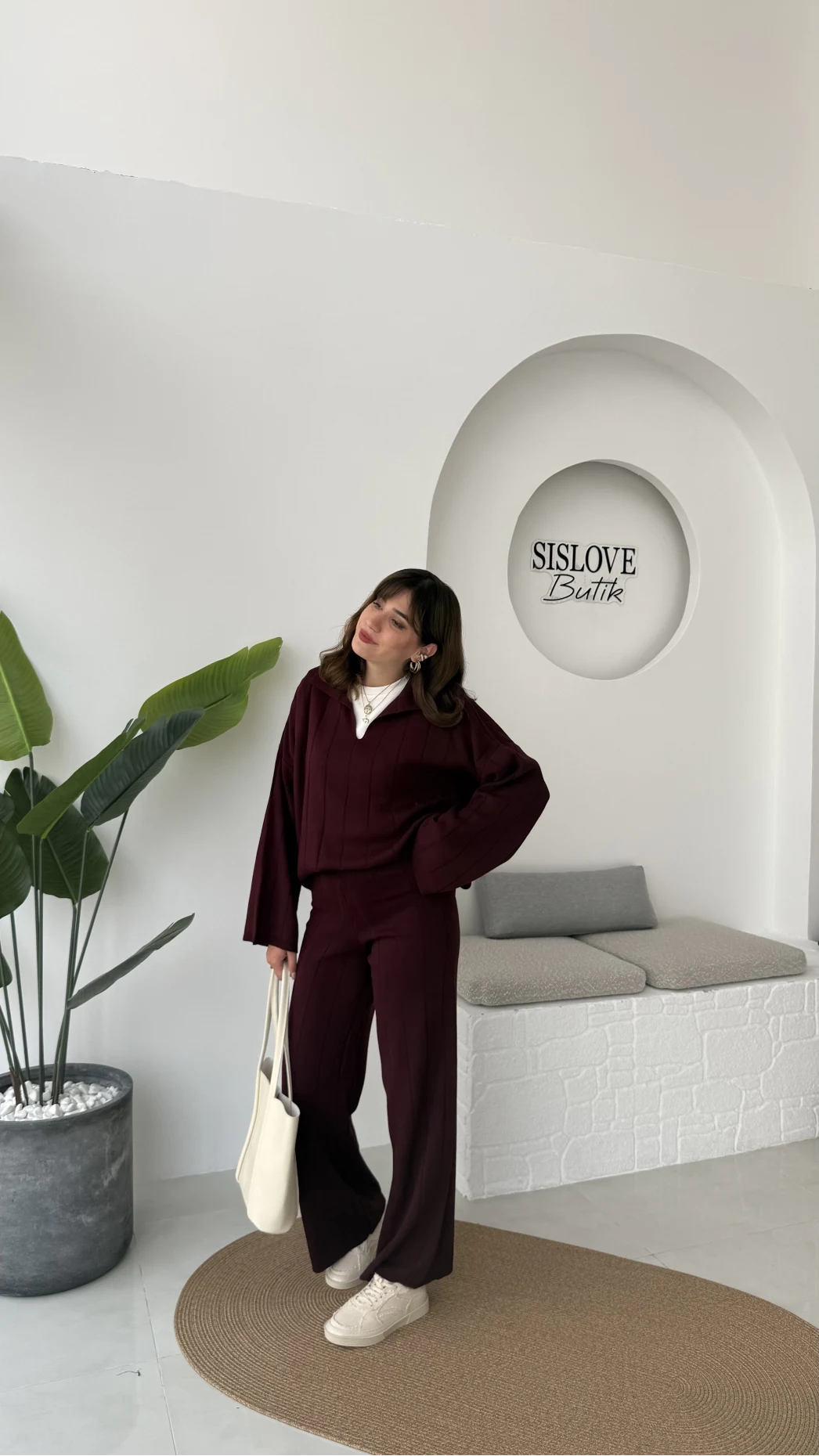 Megan Fitilli Polo Yaka Pantolon Triko Takım - Bordo - Kod: 04588