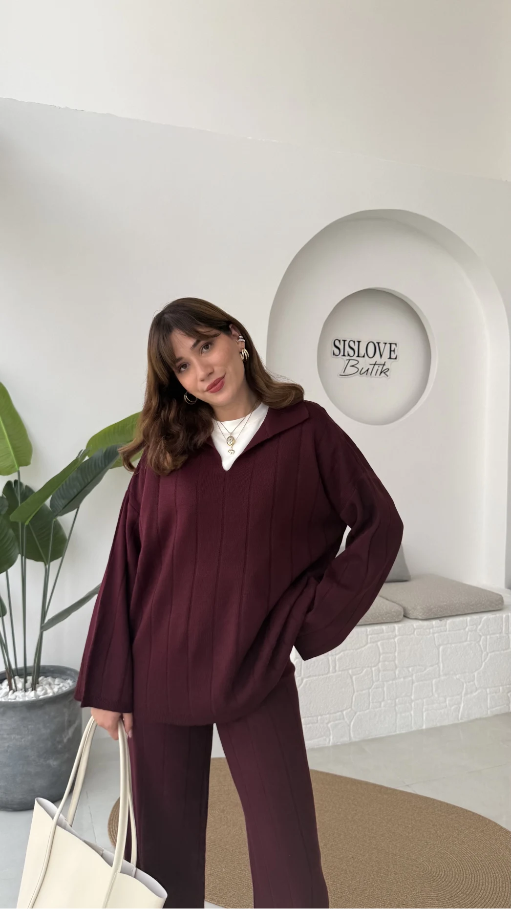 Megan Fitilli Polo Yaka Pantolon Triko Takım - Bordo - Kod: 04588