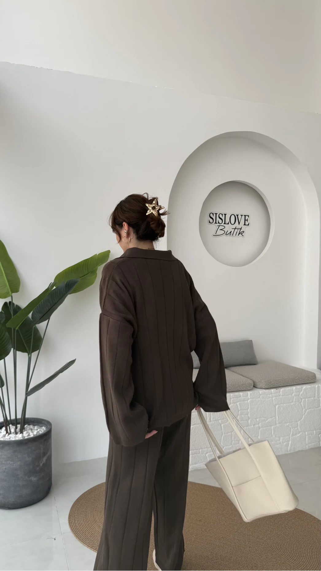 Megan Fitilli Polo Yaka Pantolon Triko Takım - Kahve - Kod: 04588