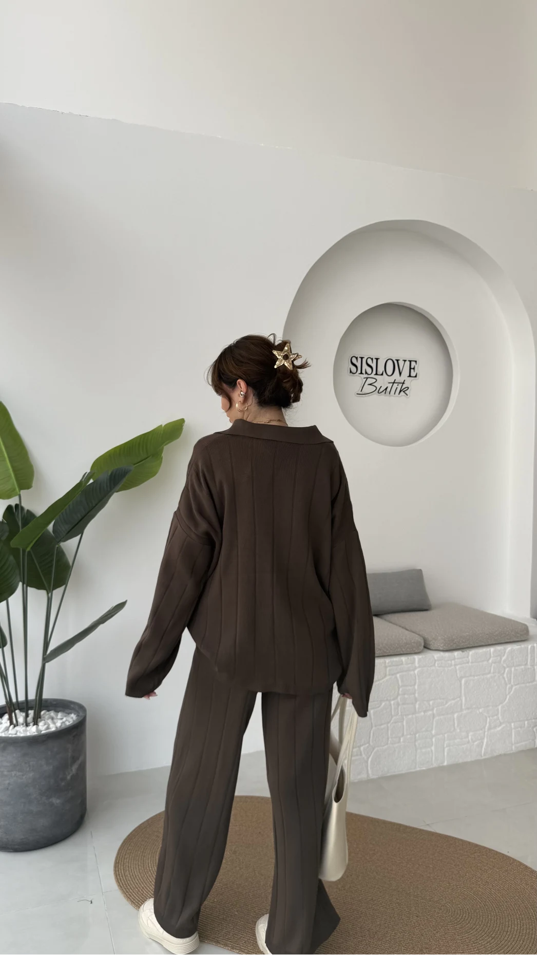 Megan Fitilli Polo Yaka Pantolon Triko Takım - Kahve - Kod: 04588