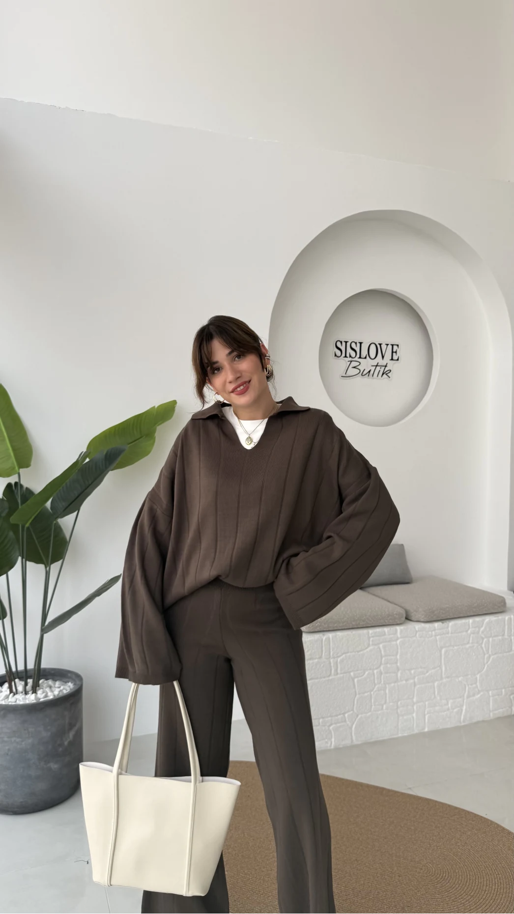 Megan Fitilli Polo Yaka Pantolon Triko Takım - Kahve - Kod: 04588