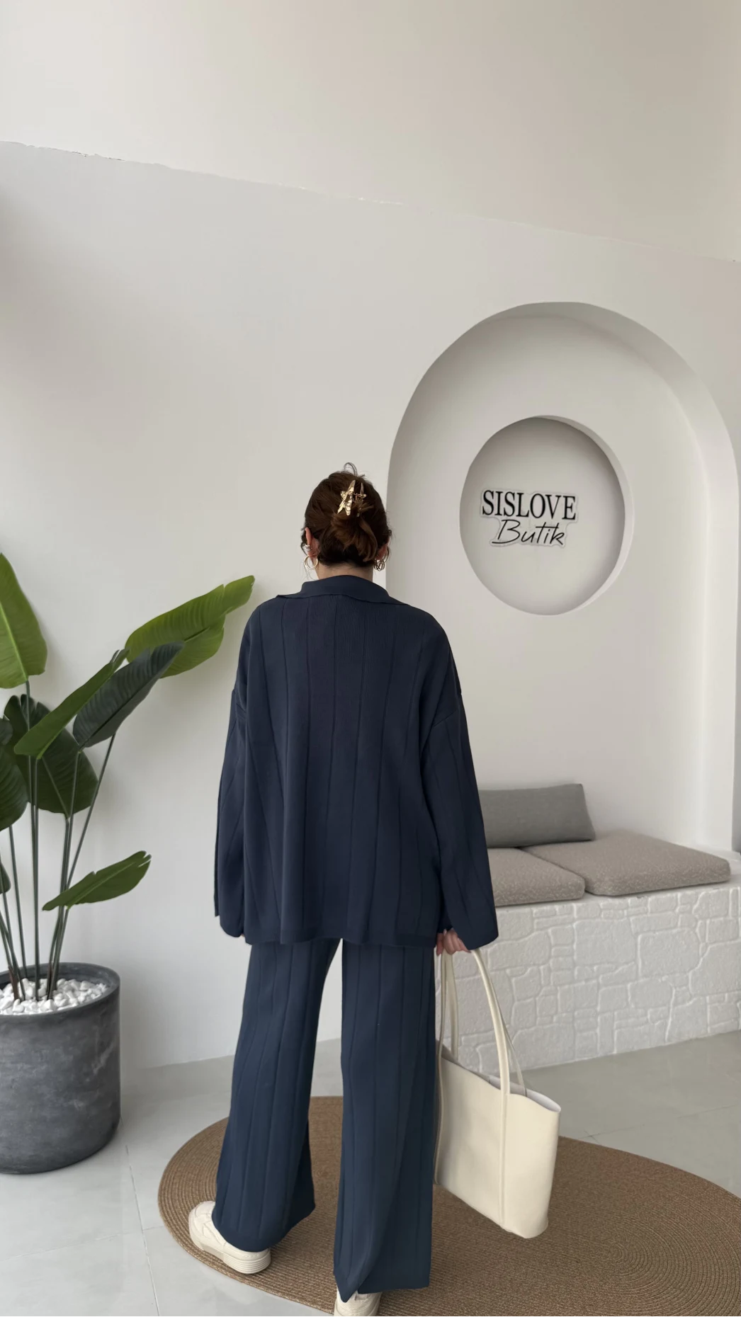 Megan Fitilli Polo Yaka Pantolon Triko Takım - Lacivert - Kod: 04588