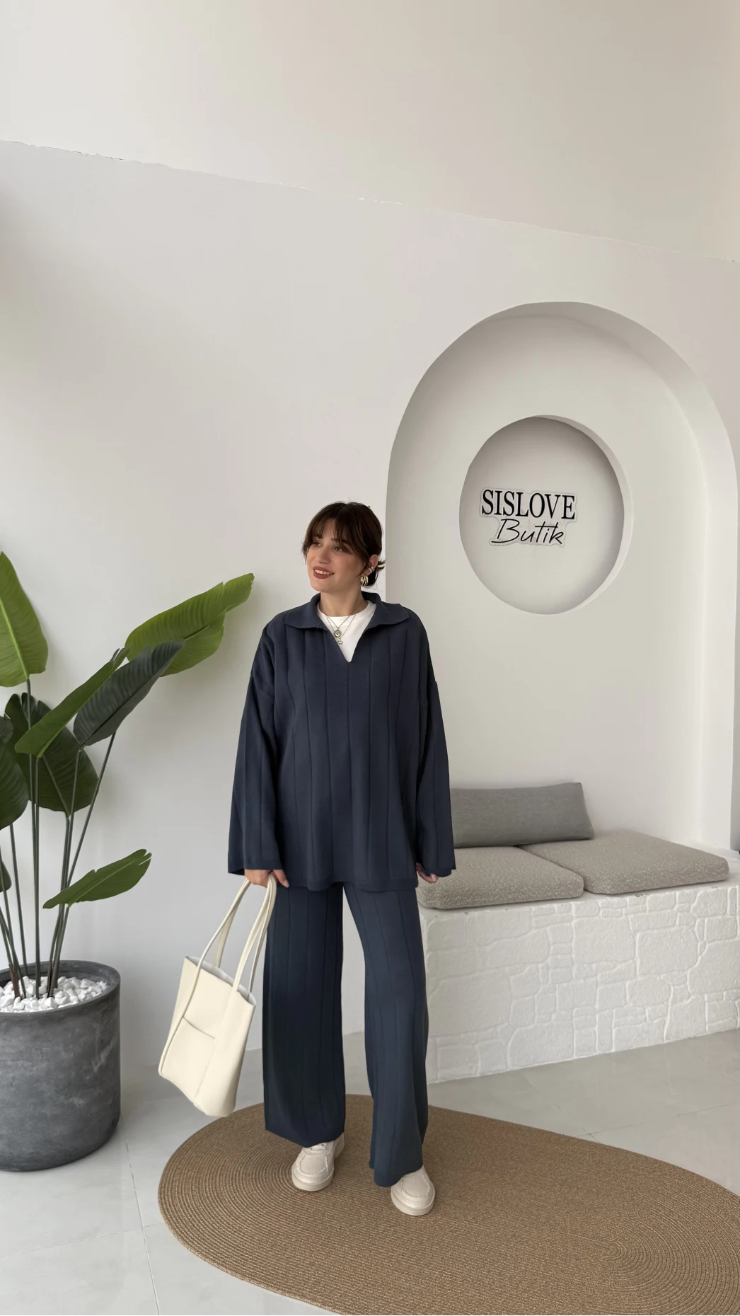 Megan Fitilli Polo Yaka Pantolon Triko Takım - Lacivert - Kod: 04588