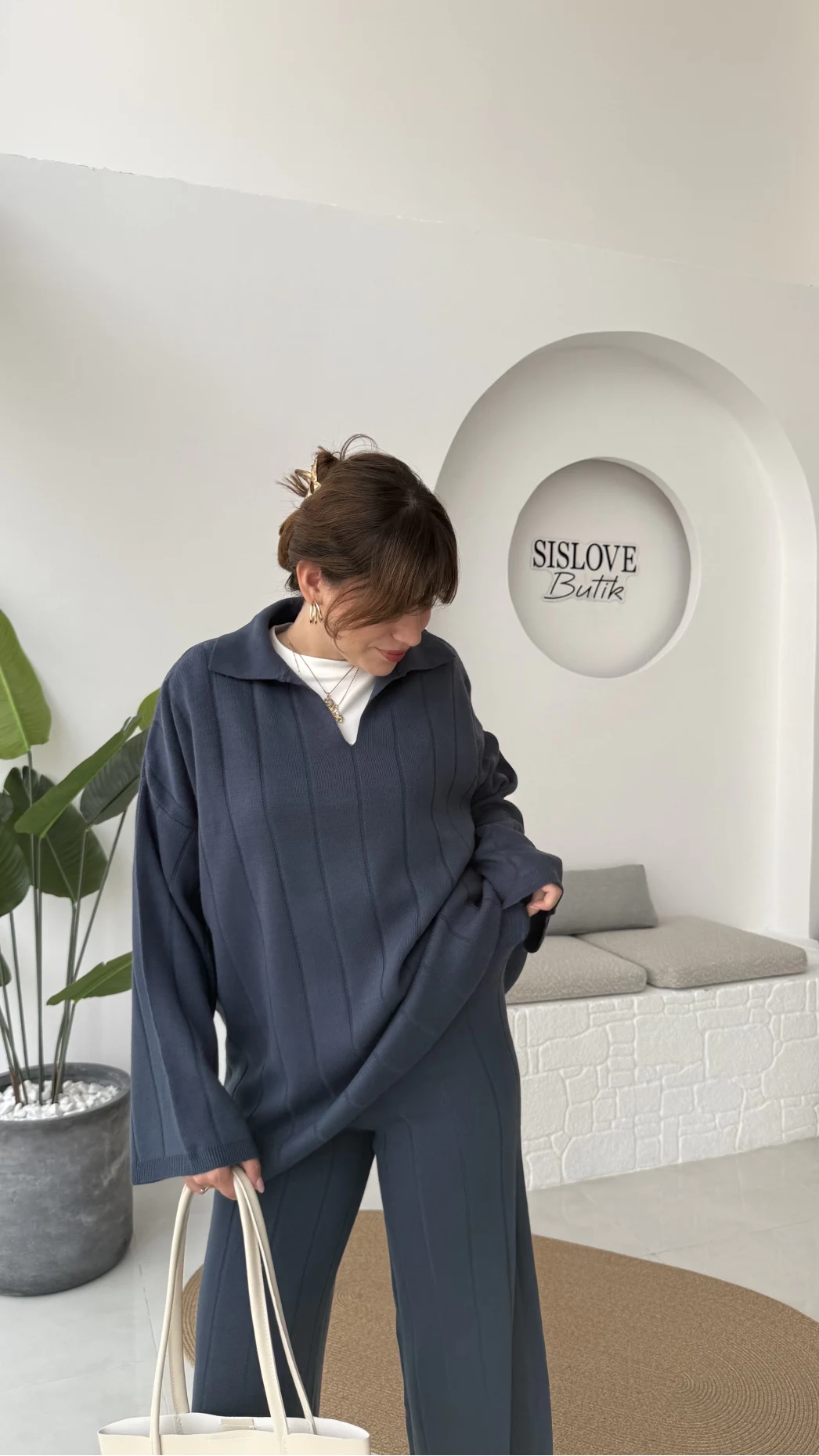 Megan Fitilli Polo Yaka Pantolon Triko Takım - Lacivert - Kod: 04588