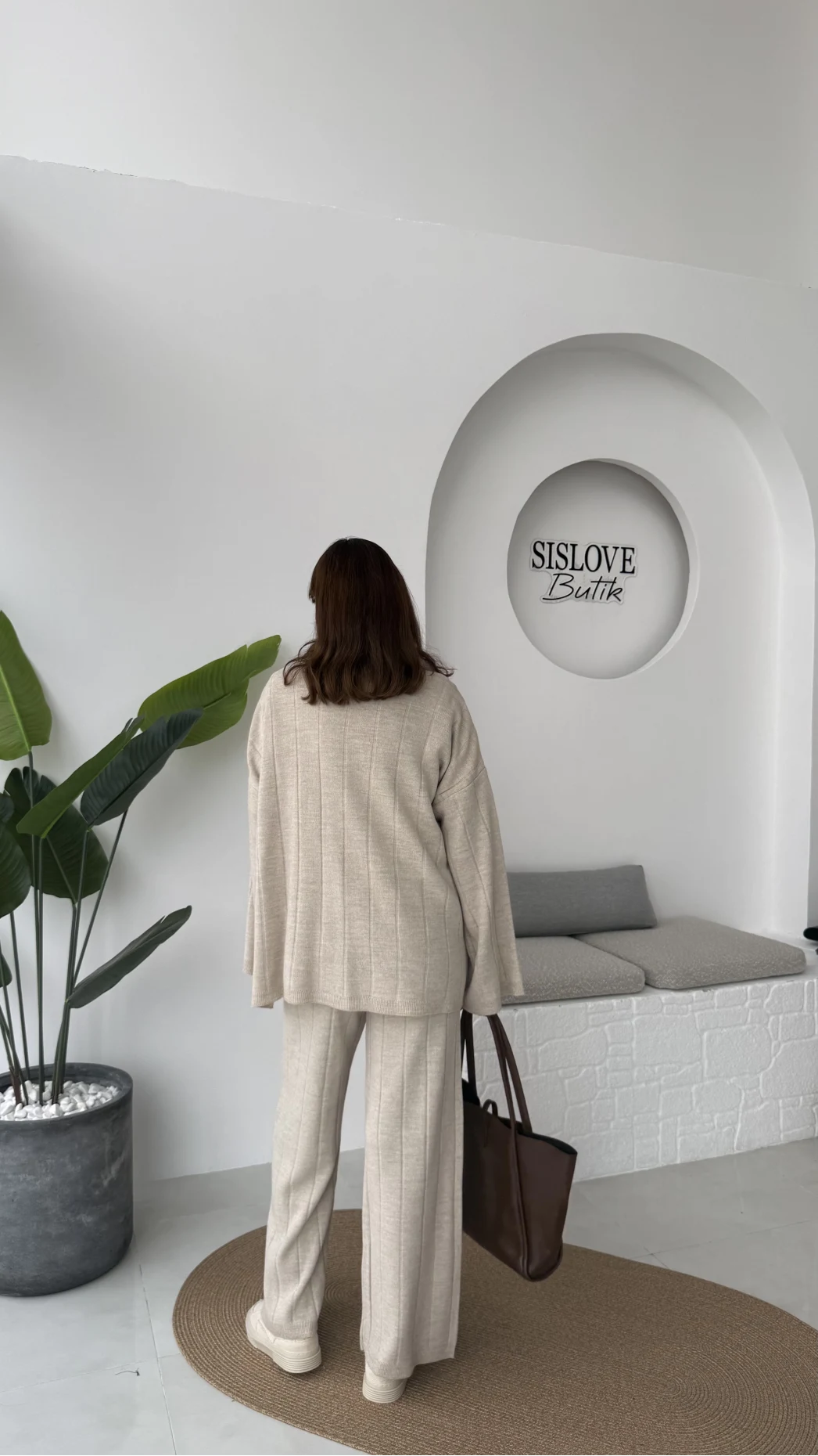 Megan Fitilli Polo Yaka Pantolon Triko Takım - Taş - Kod: 04588