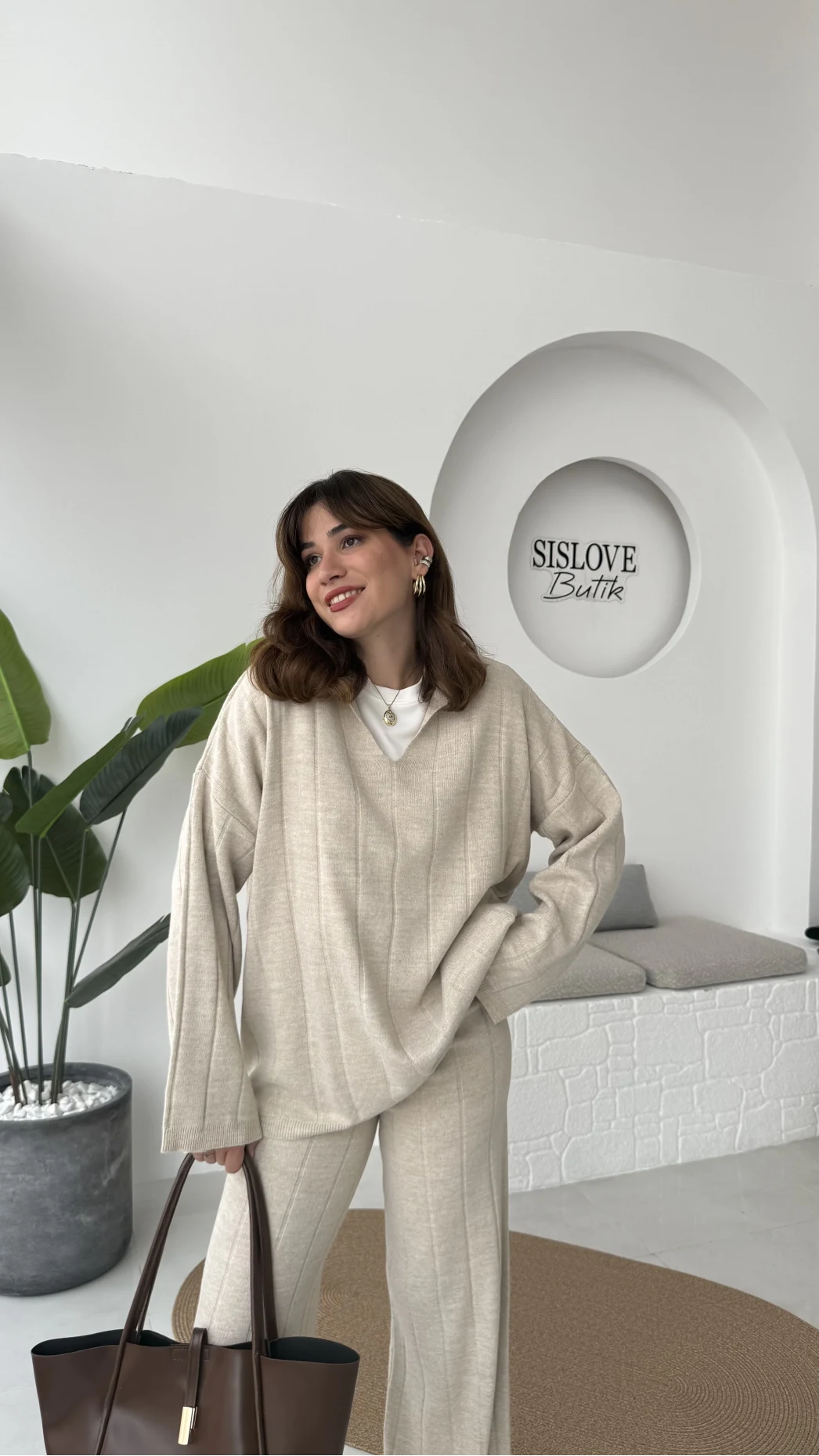 Megan Fitilli Polo Yaka Pantolon Triko Takım - Taş - Kod: 04588