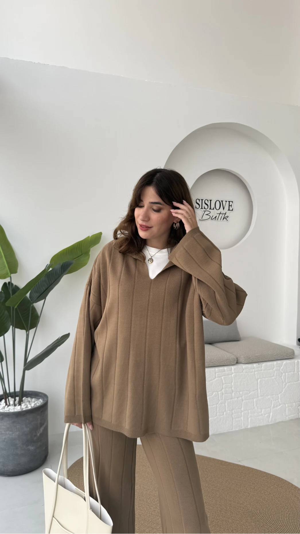 Megan Fitilli Polo Yaka Pantolon Triko Takım - Vizon - Kod: 04588