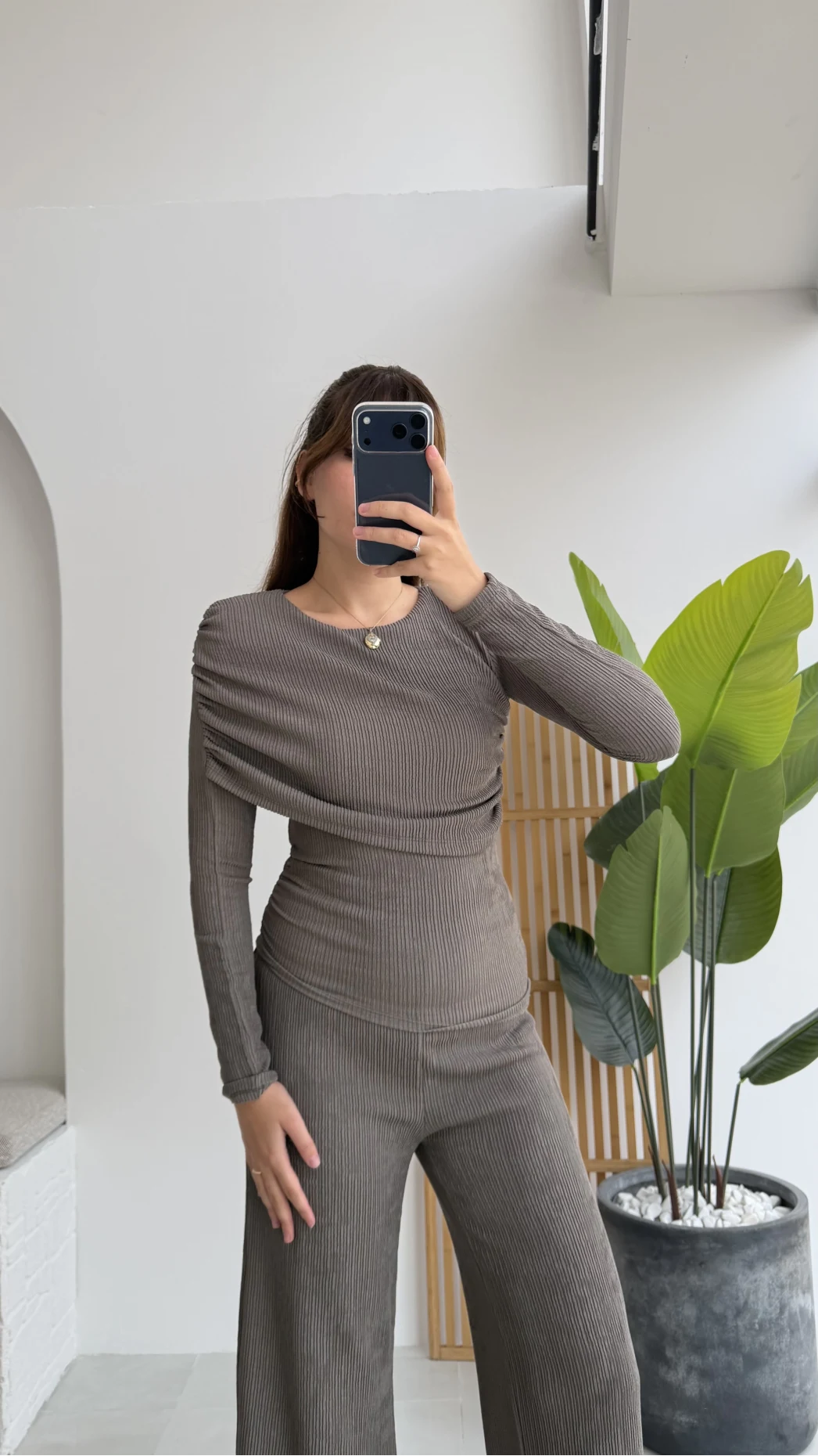 Melanie Fitilli Bluz Pantolon Takım - Vizon Tonları