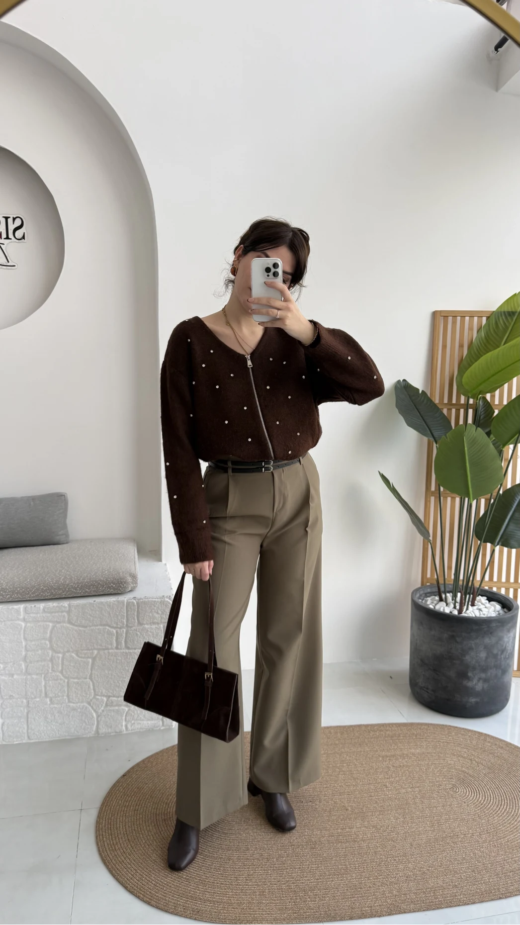 Melina Yüksek Bel Bol Paça Çift Kemerli Pantolon - Haki - Kod: 3663