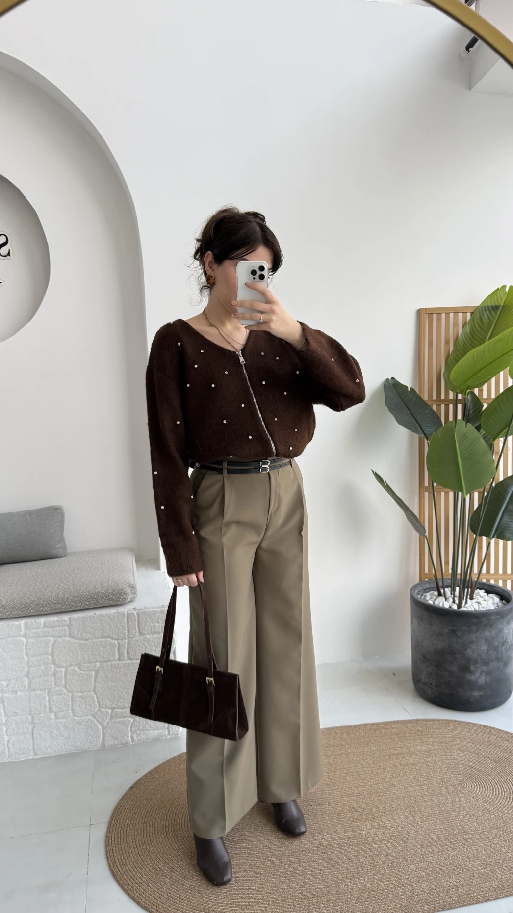 Melina Yüksek Bel Bol Paça Çift Kemerli Pantolon - Haki - Kod: 3663