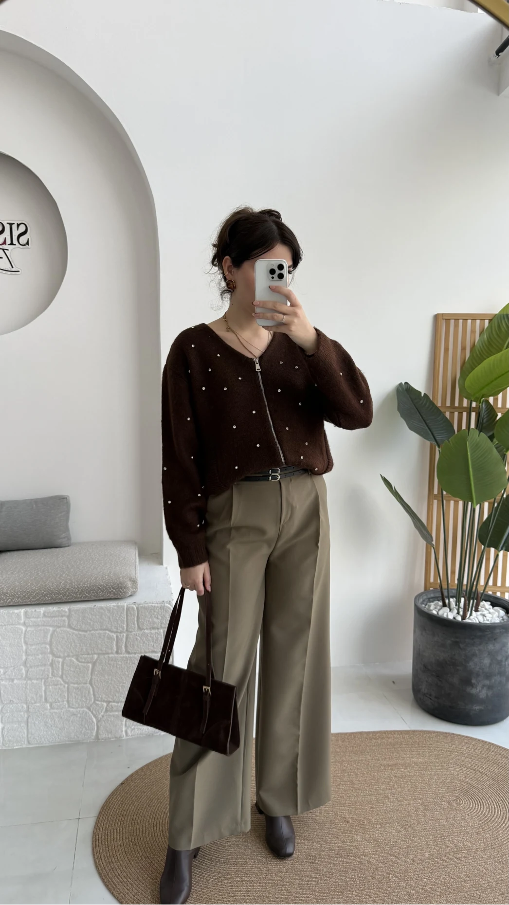 Melina Yüksek Bel Bol Paça Çift Kemerli Pantolon - Haki - Kod: 3663