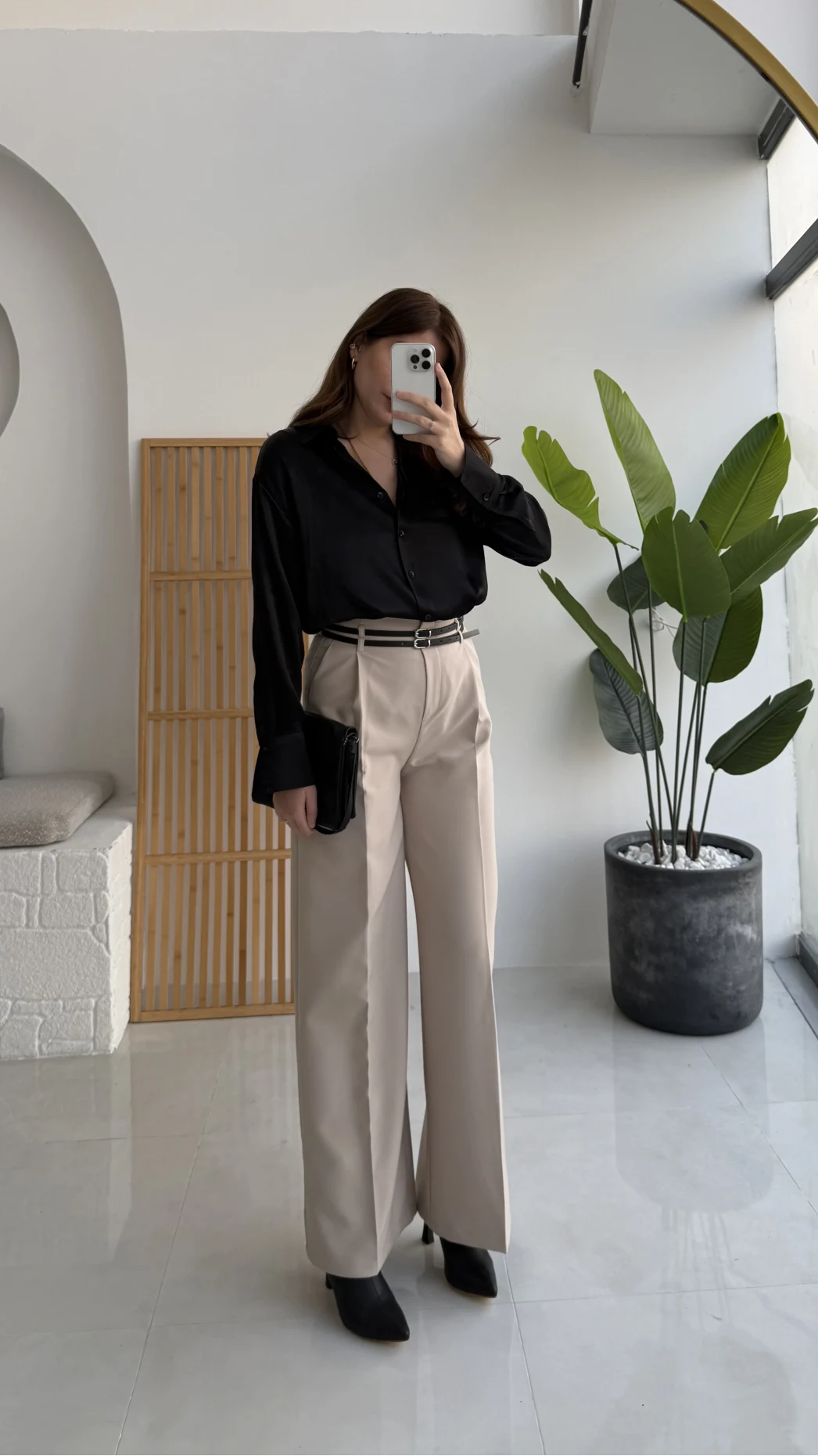 Melina Yüksek Bel Bol Paça Çift Kemerli Pantolon - Taş - Kod: 3663