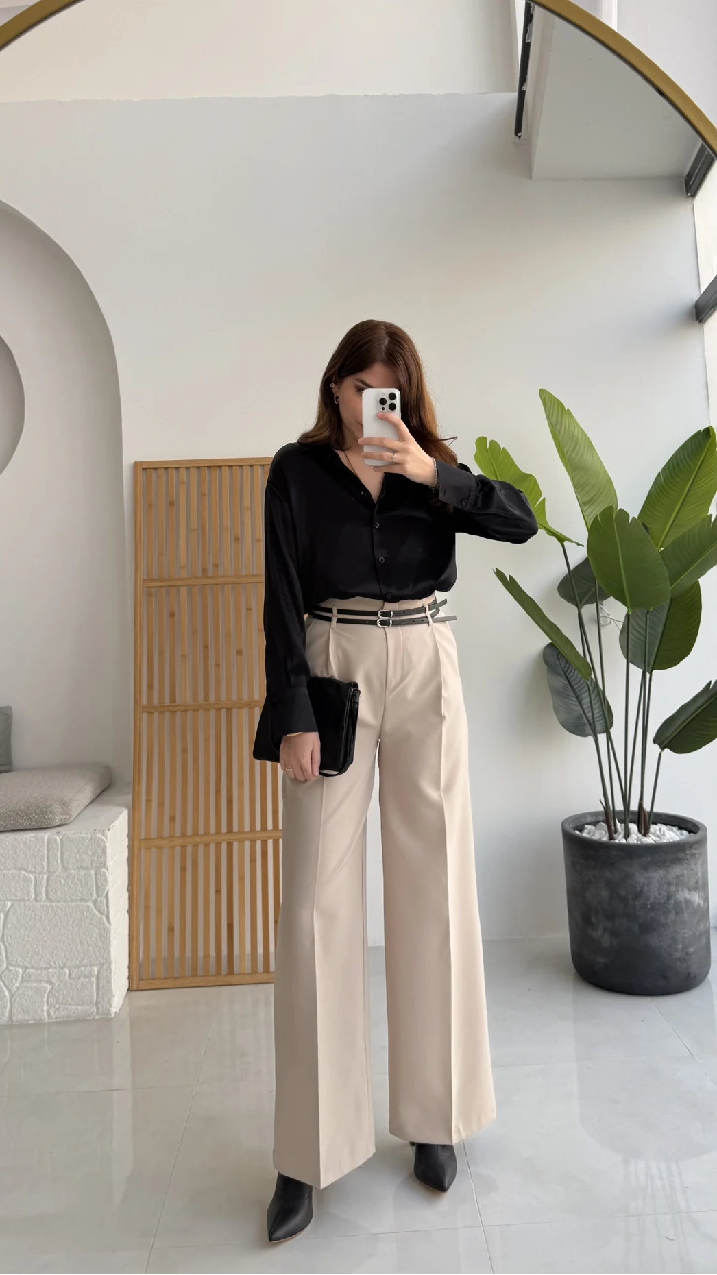 Melina Yüksek Bel Bol Paça Çift Kemerli Pantolon - Taş - Kod: 3663