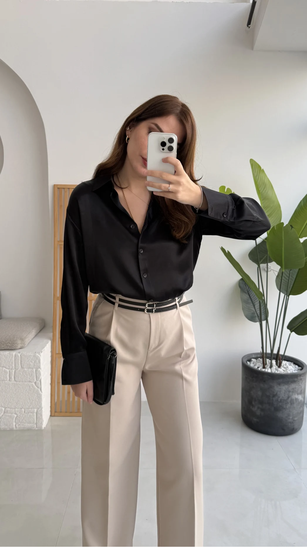 Melina Yüksek Bel Bol Paça Çift Kemerli Pantolon - Taş - Kod: 3663