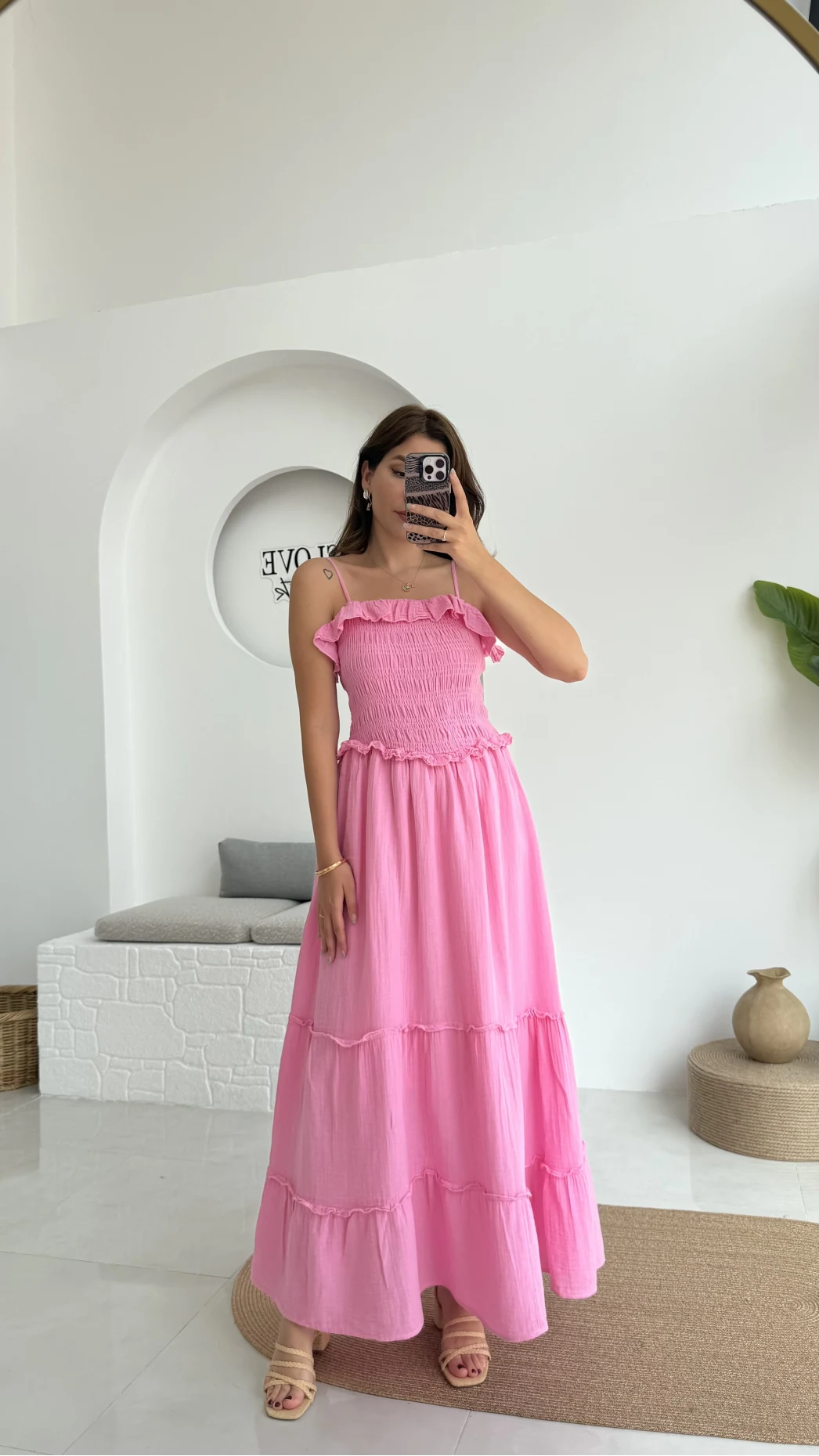 Melon Askılı Gipe Detay Elbise Pembe