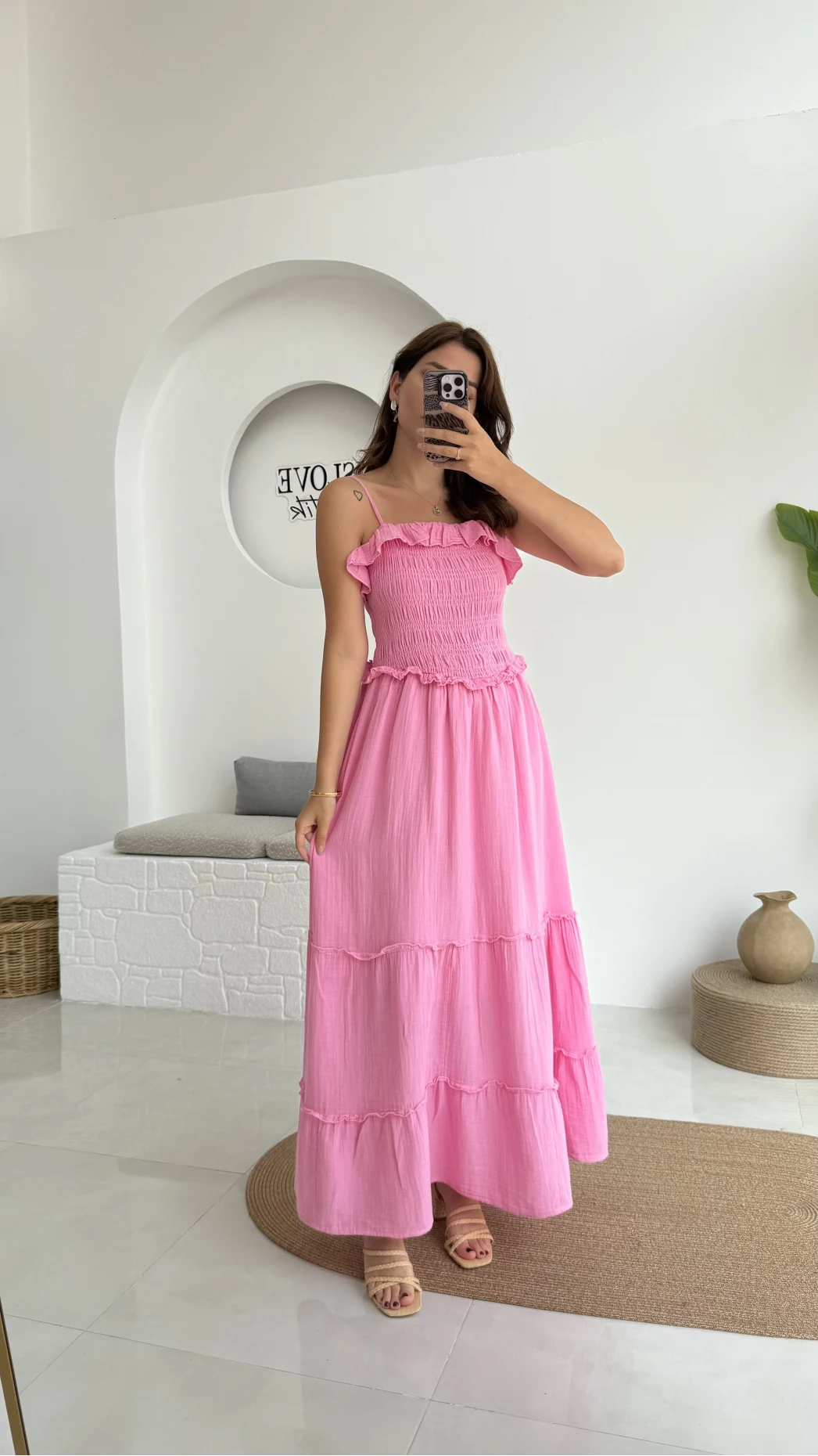 Melon Askılı Gipe Detay Elbise Pembe