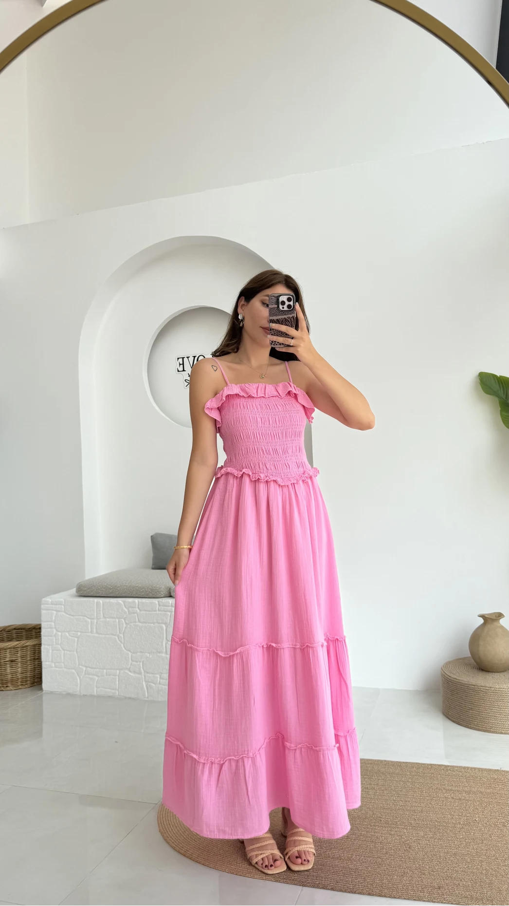 Melon Askılı Gipe Detay Elbise Pembe