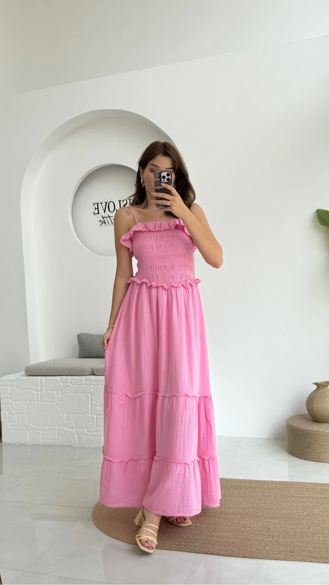 Melon Askılı Gipe Detay Elbise Pembe