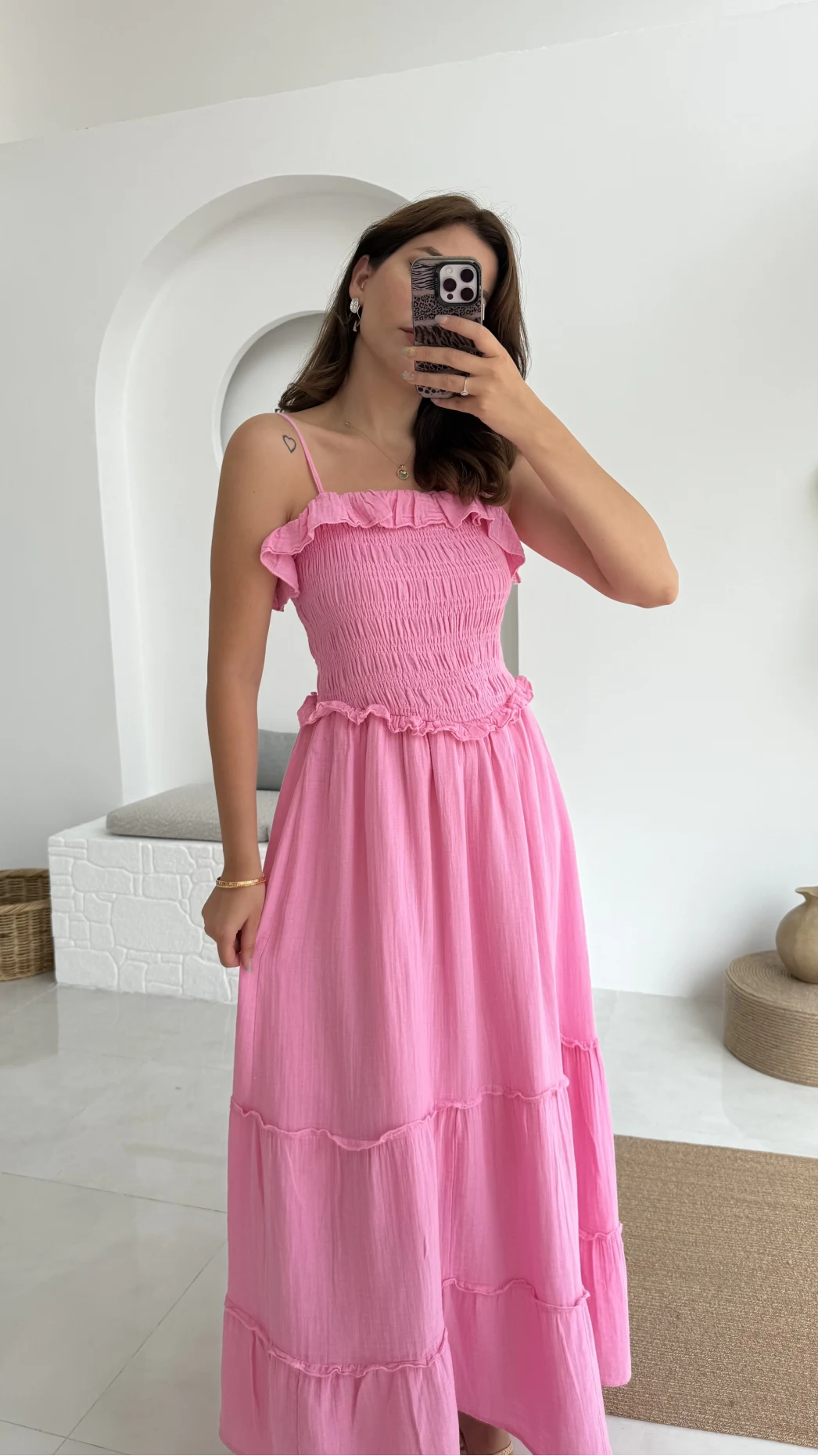 Melon Askılı Gipe Detay Elbise Pembe