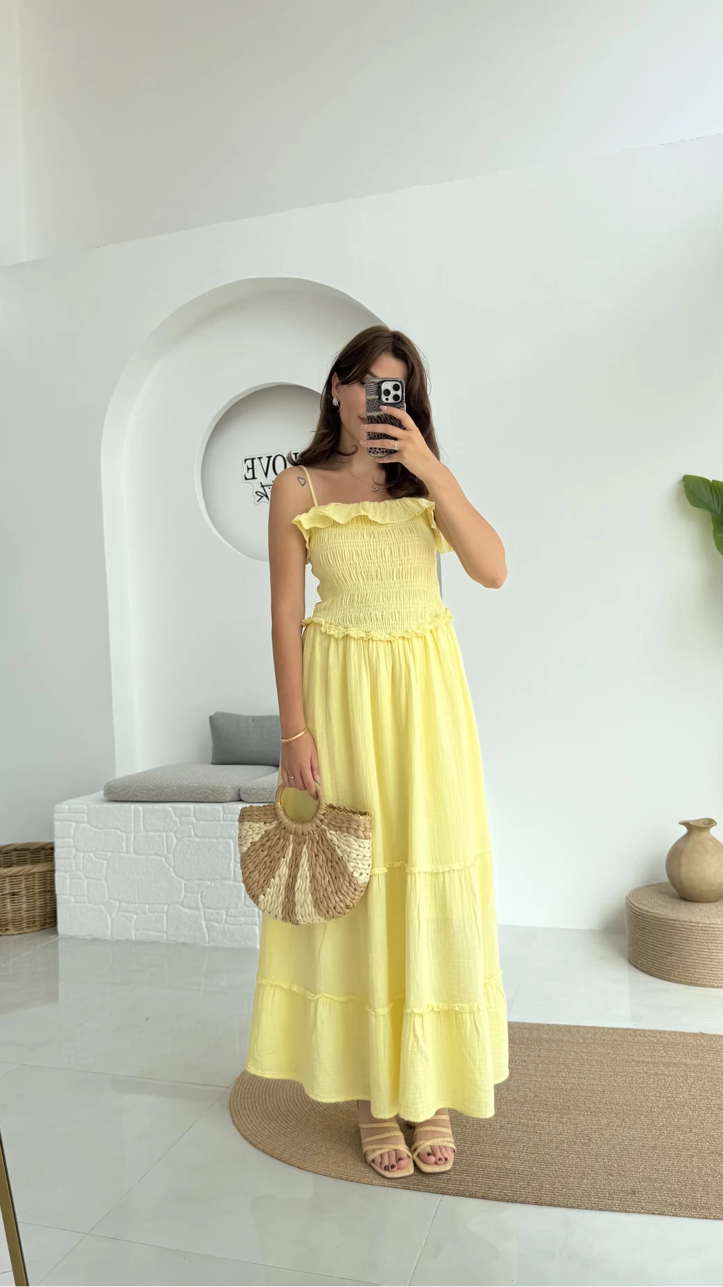 Melon Askılı Gipe Detay Elbise Sarı