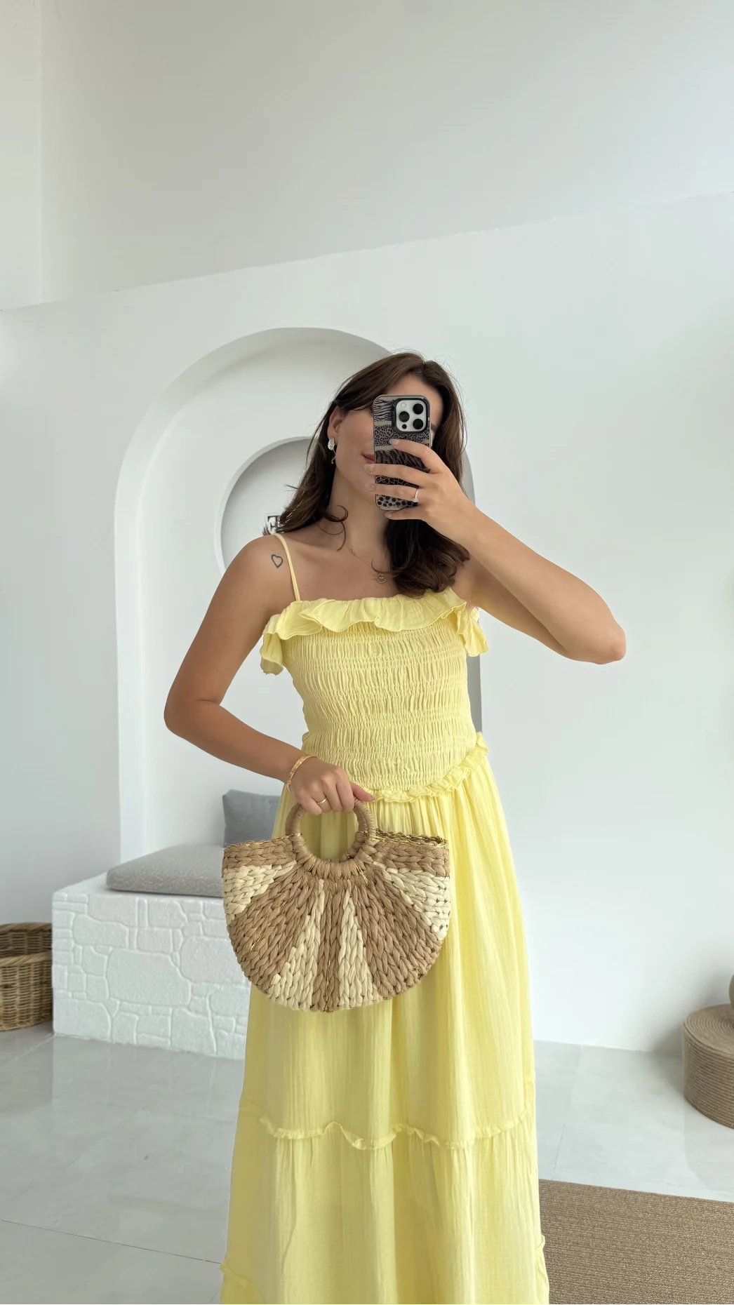 Melon Askılı Gipe Detay Elbise Sarı