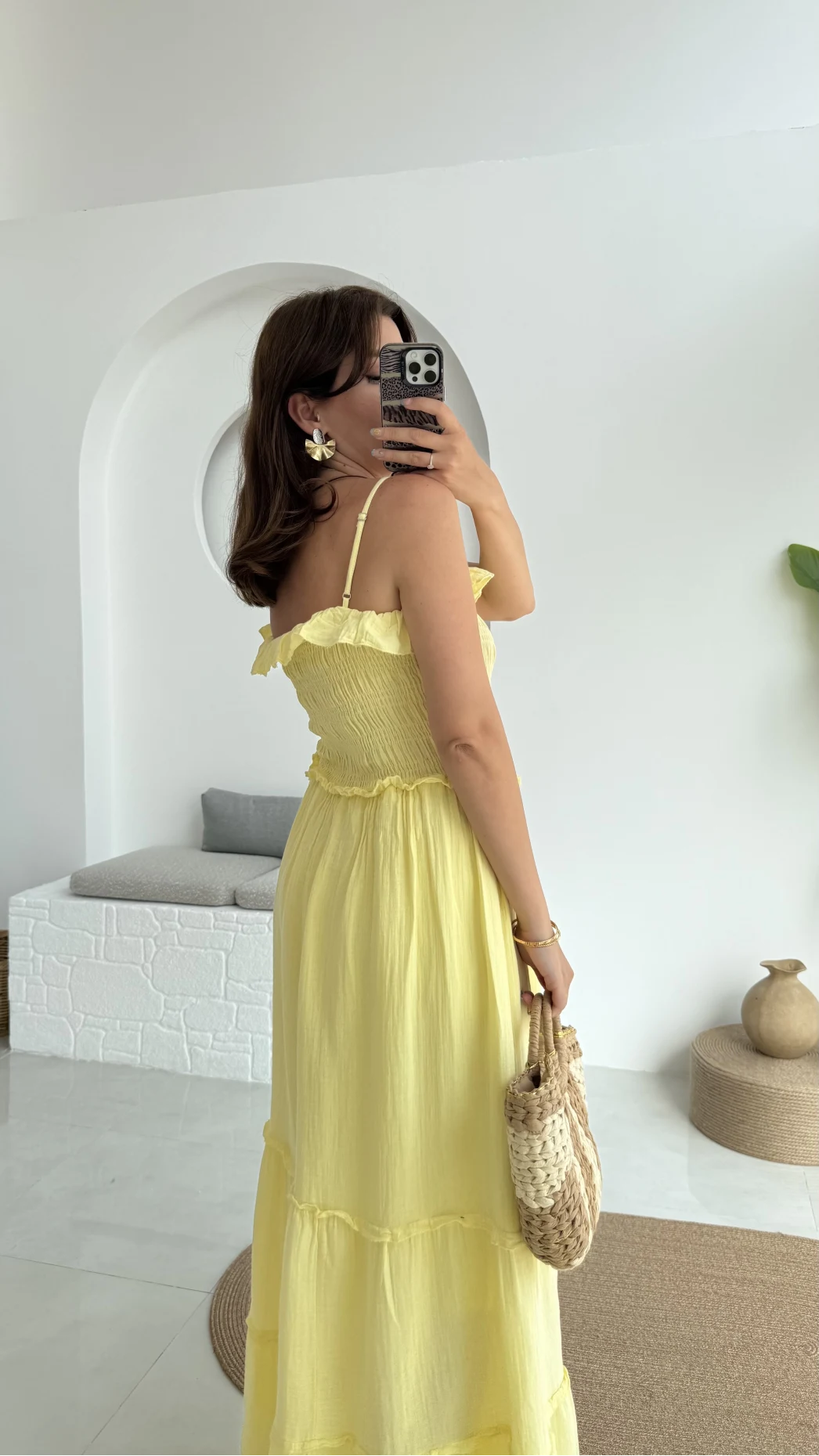 Melon Askılı Gipe Detay Elbise Sarı