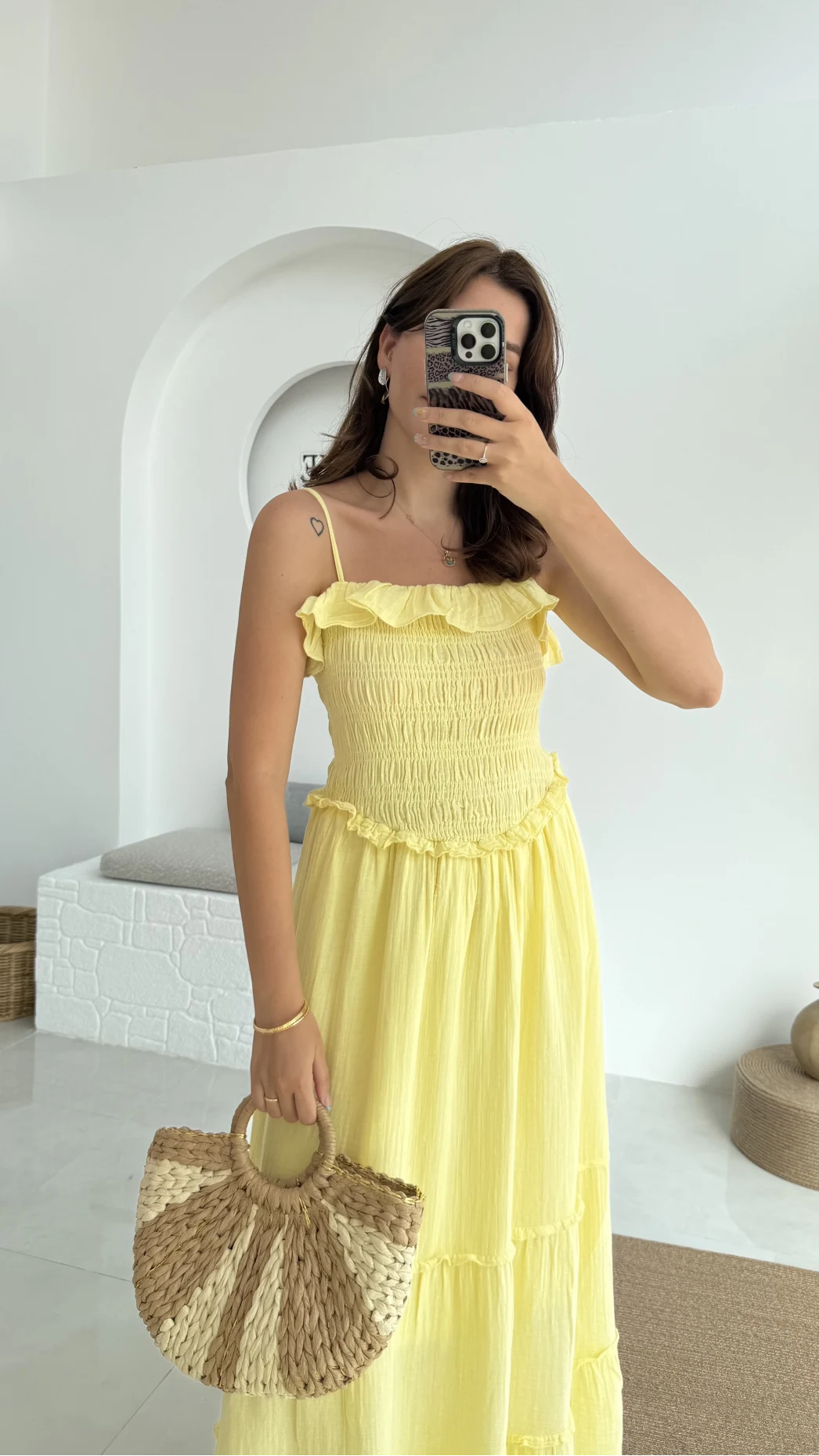 Melon Askılı Gipe Detay Elbise Sarı