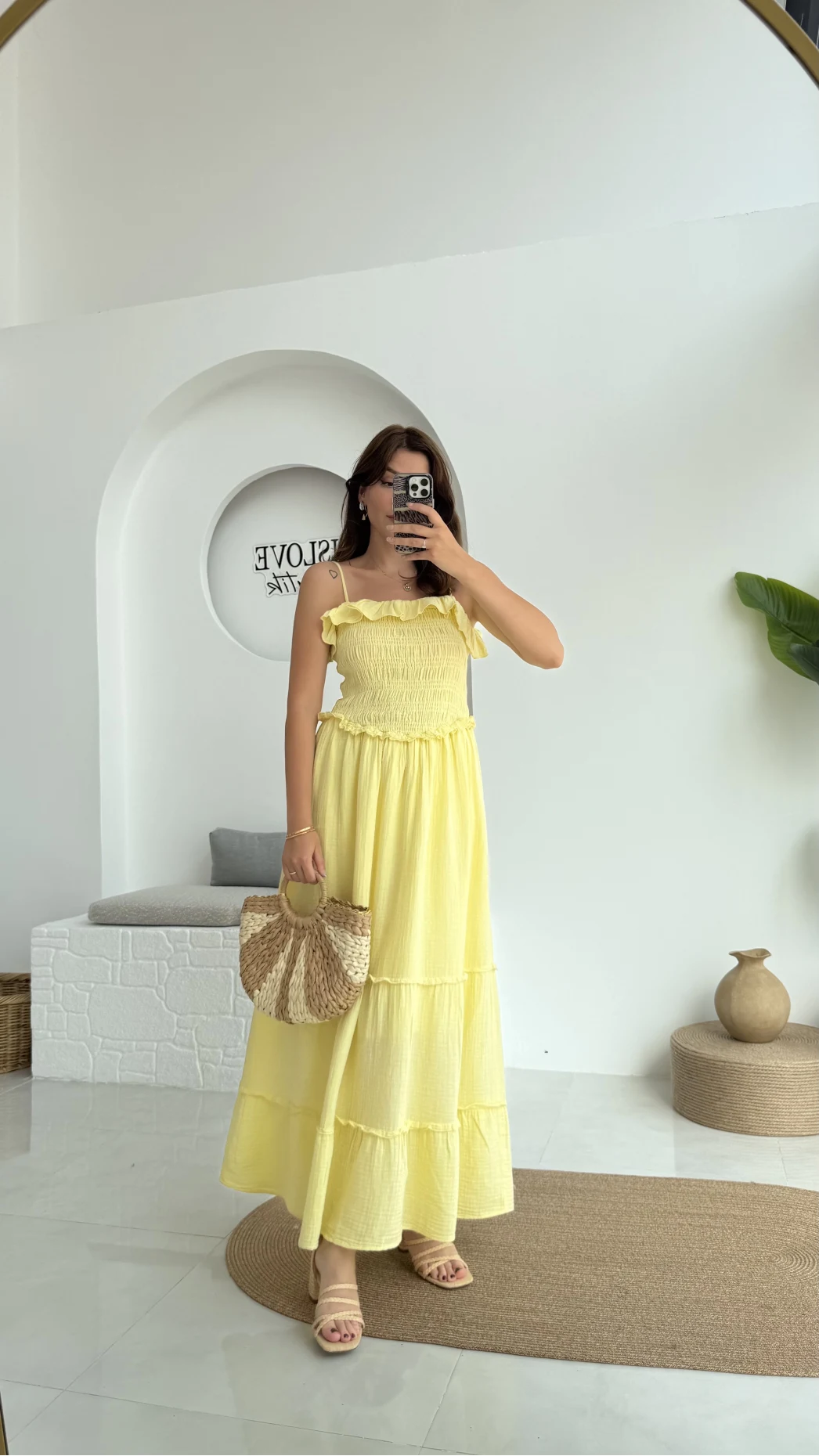 Melon Askılı Gipe Detay Elbise Sarı