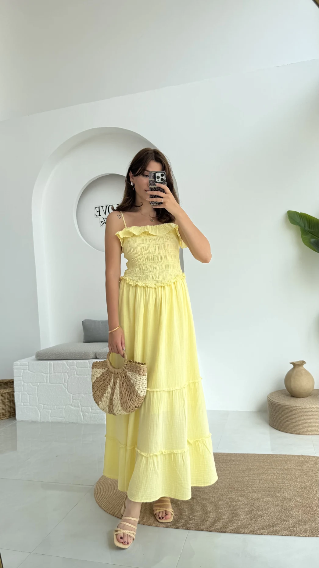 Melon Askılı Gipe Detay Elbise Sarı