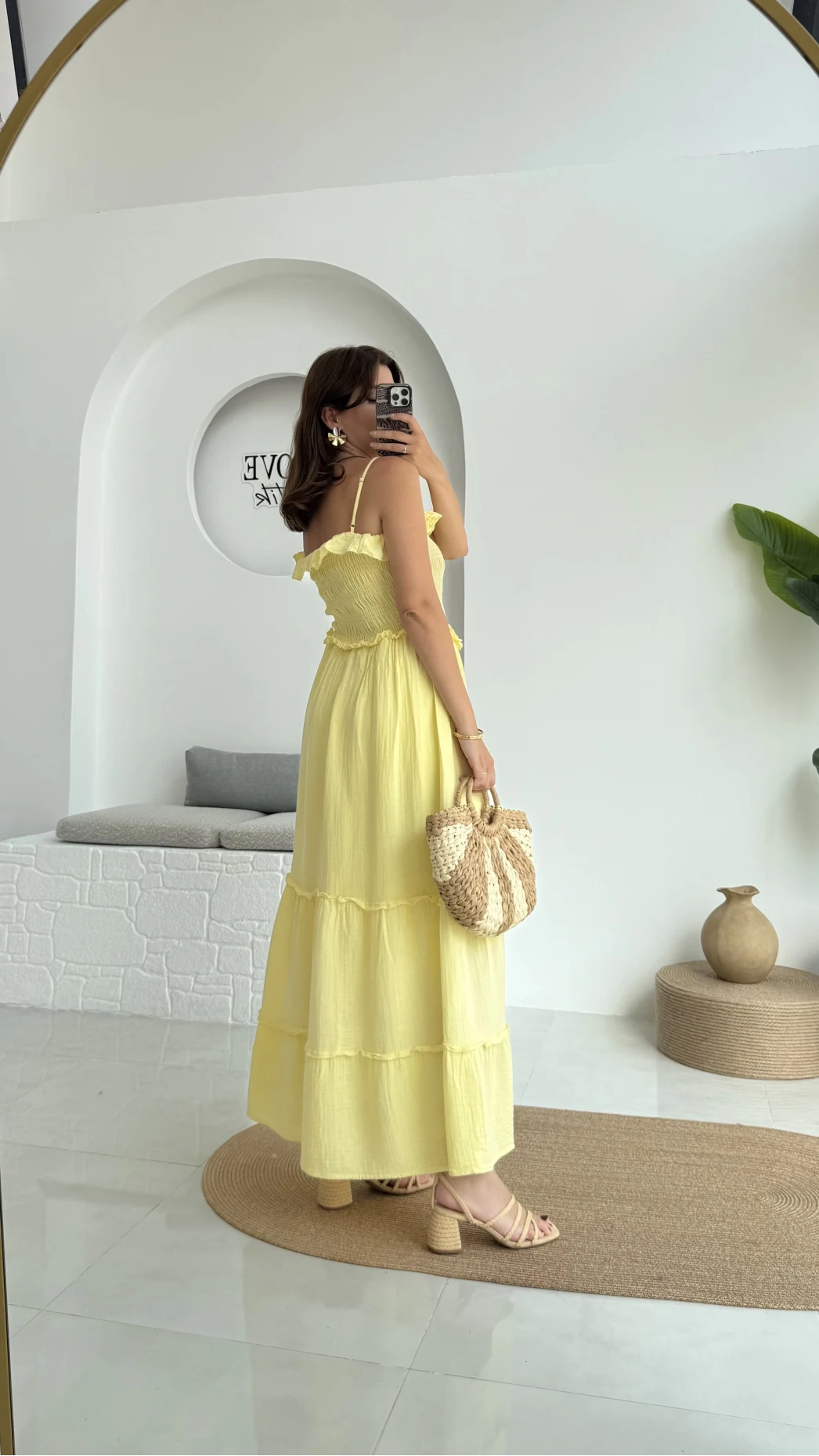 Melon Askılı Gipe Detay Elbise Sarı