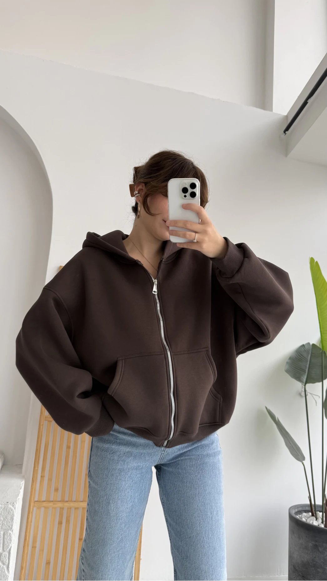 Mercy Oversize Kapüşonlu Hırka Ceket - Kahve
