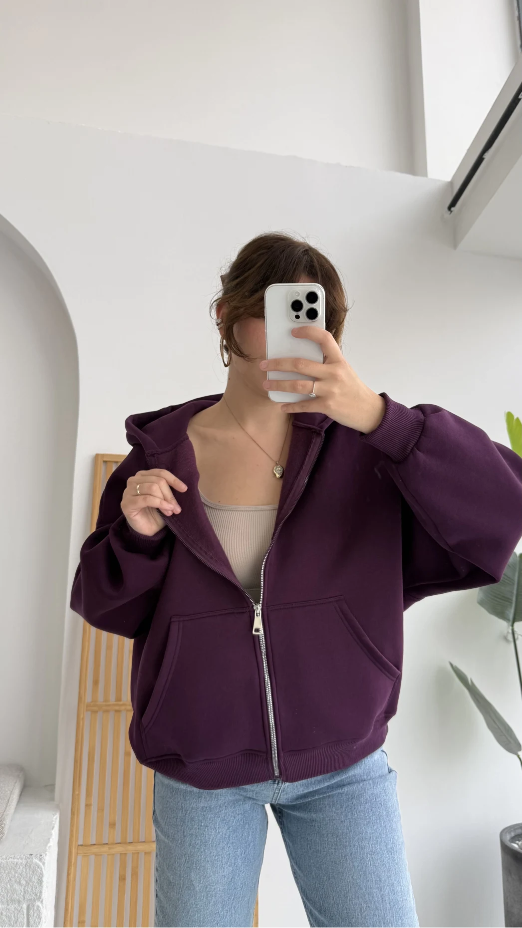 Mercy Oversize Kapüşonlu Hırka Ceket - Mor