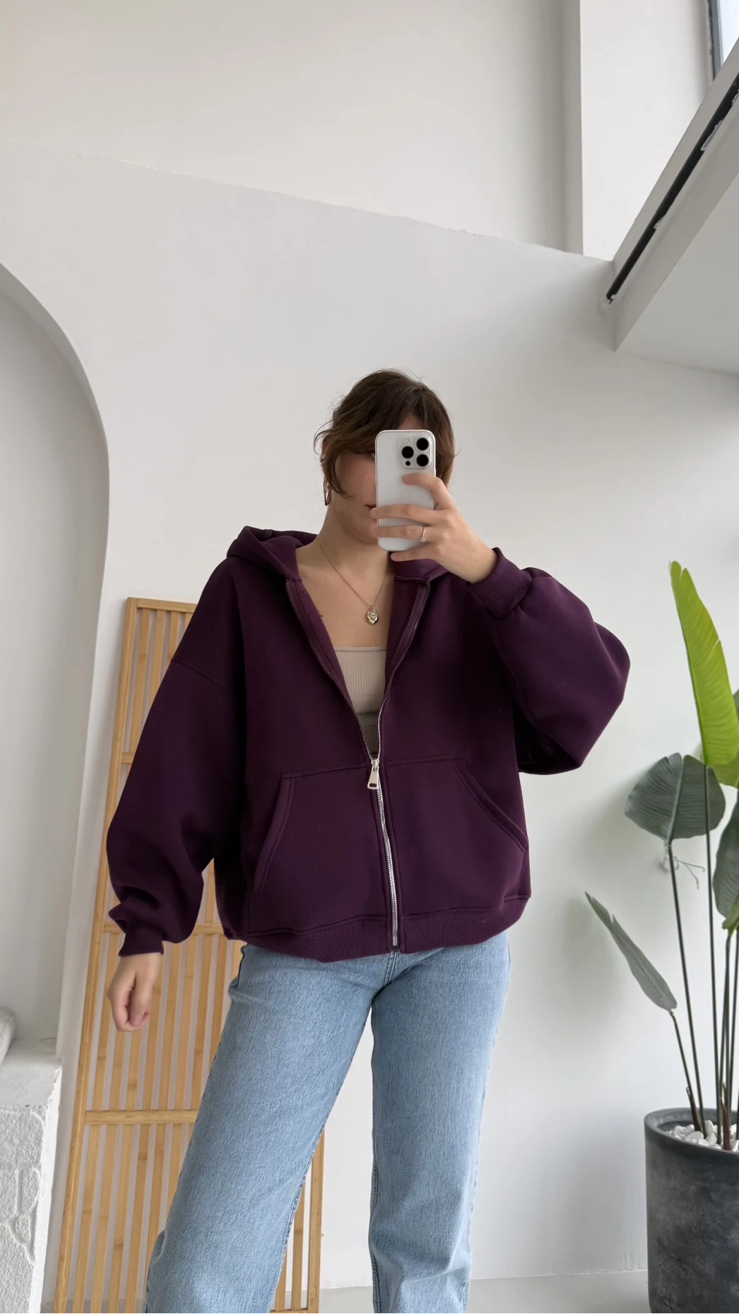 Mercy Oversize Kapüşonlu Hırka Ceket - Mor