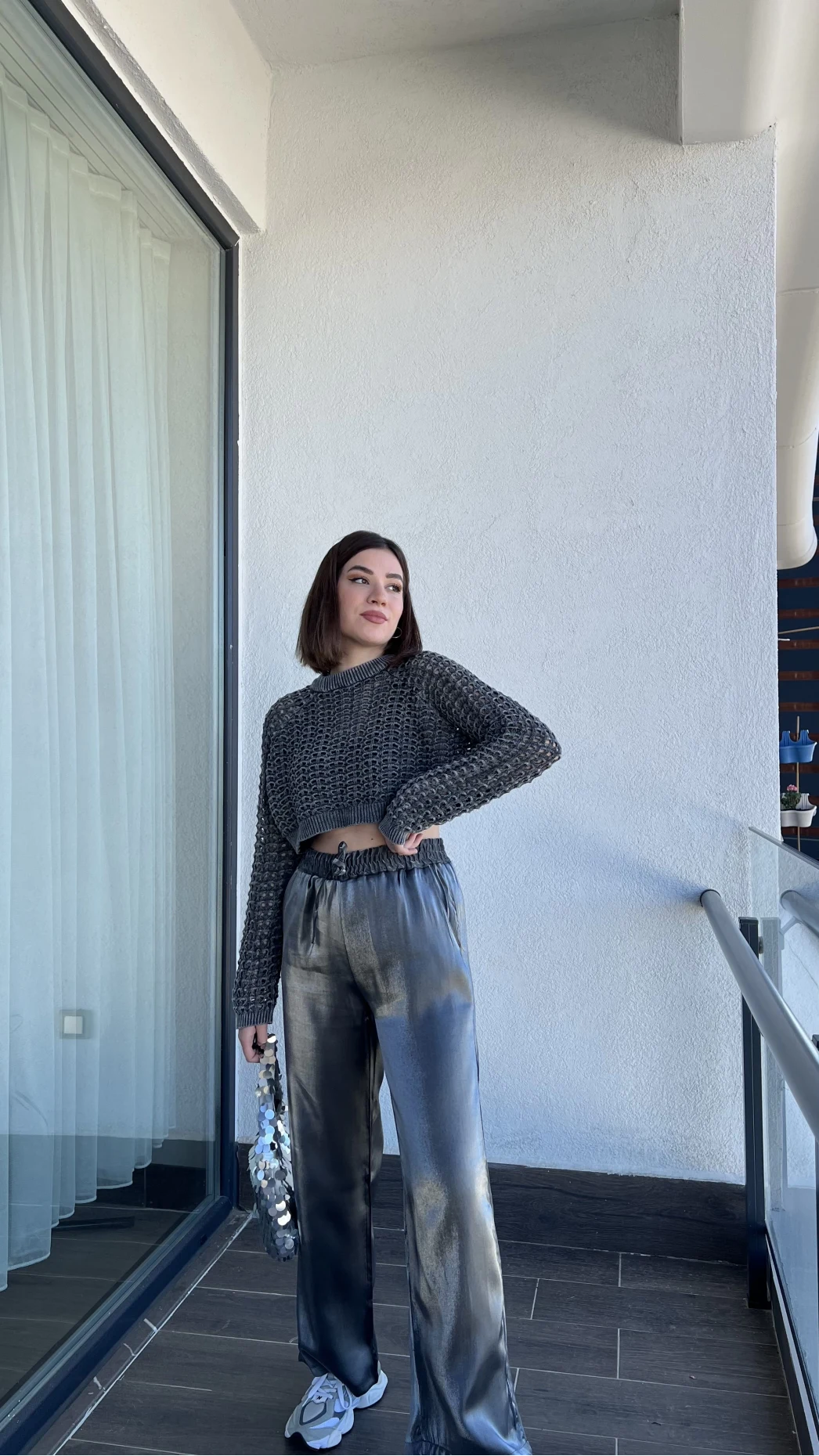 Metalik Gri Palazzo Pantolon