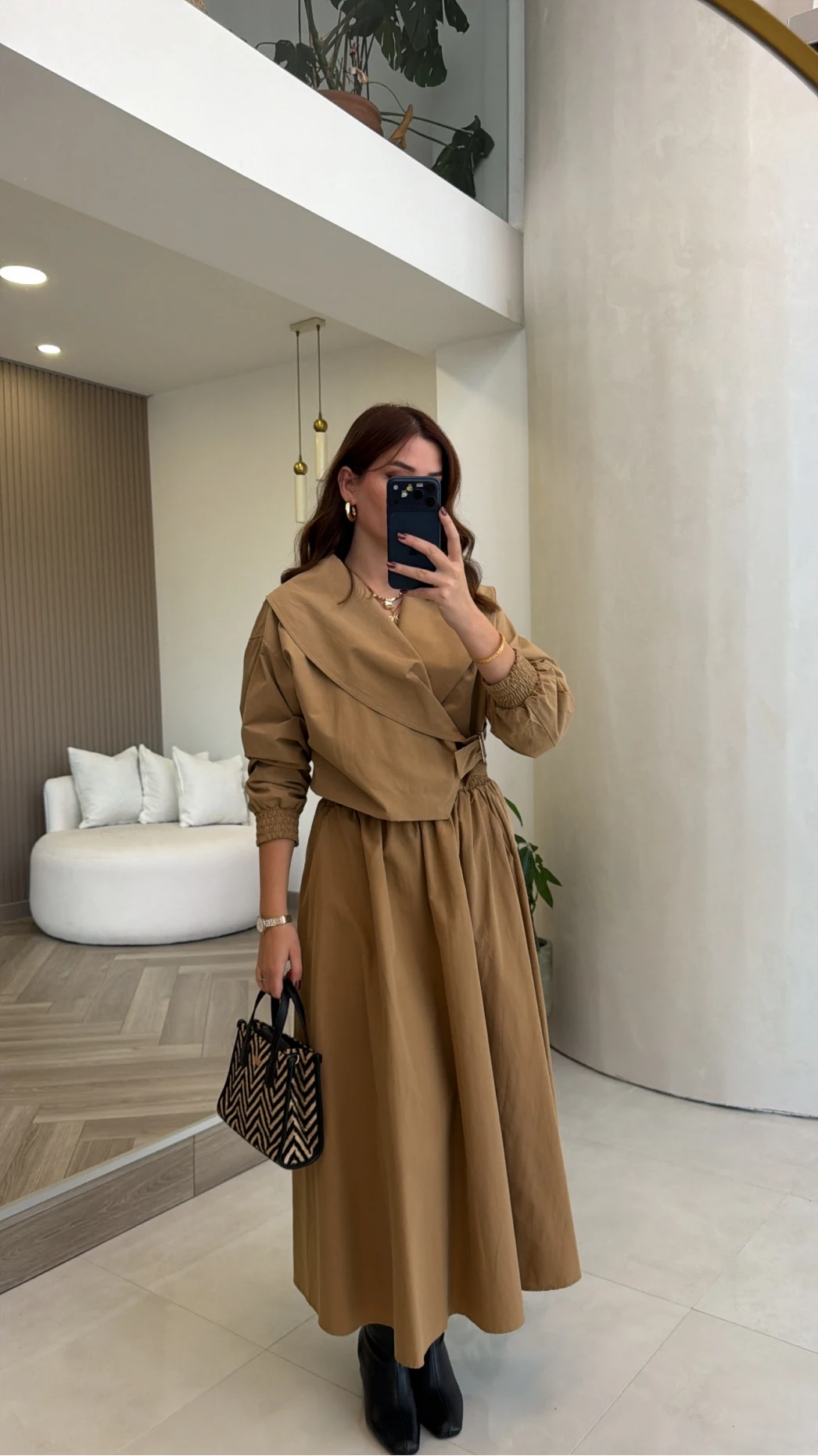 Midi Boy Beli Lastikli Etek - Camel - Kod: 5101