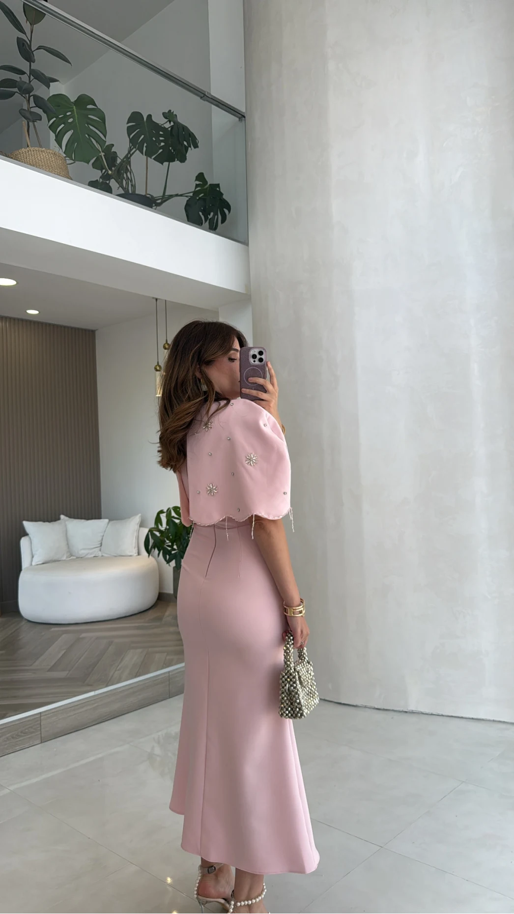 Milano Taş Detay Pelerin Elbise - Pembe - Kod: 204335