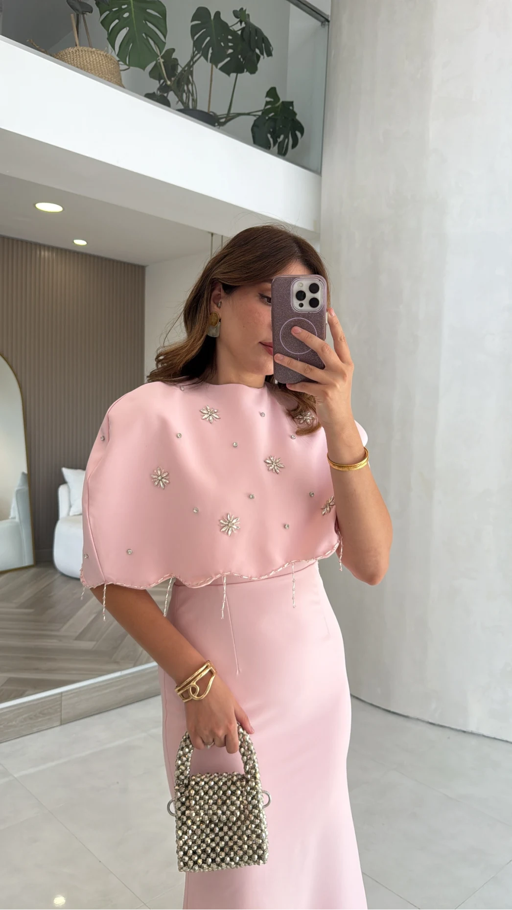 Milano Taş Detay Pelerin Elbise - Pembe - Kod: 204335