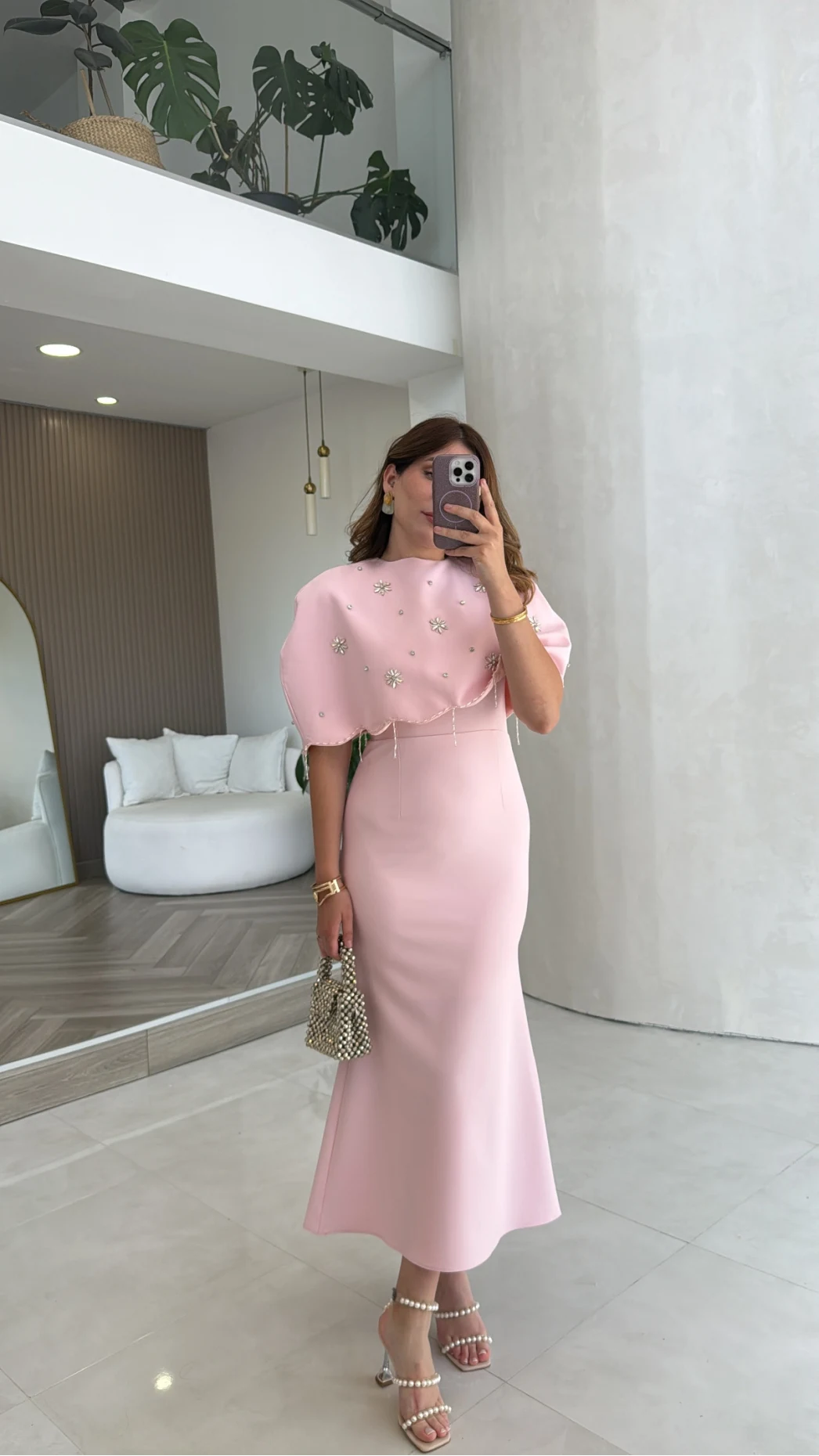 Milano Taş Detay Pelerin Elbise - Pembe - Kod: 204335