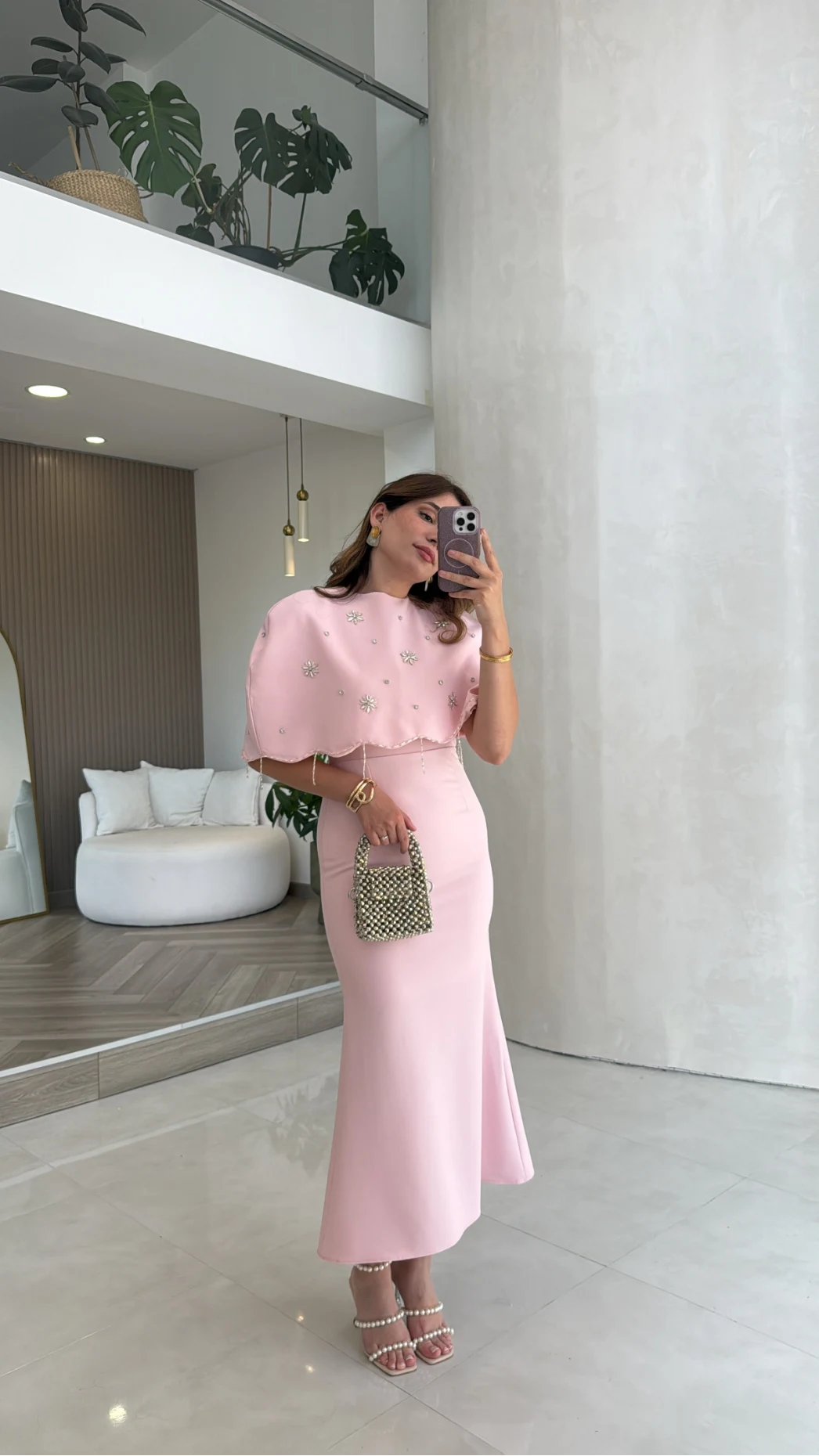 Milano Taş Detay Pelerin Elbise - Pembe - Kod: 204335