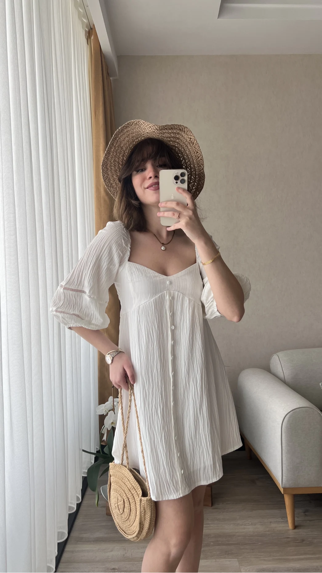 Mira Gofre Kumaş Beyaz Elbise