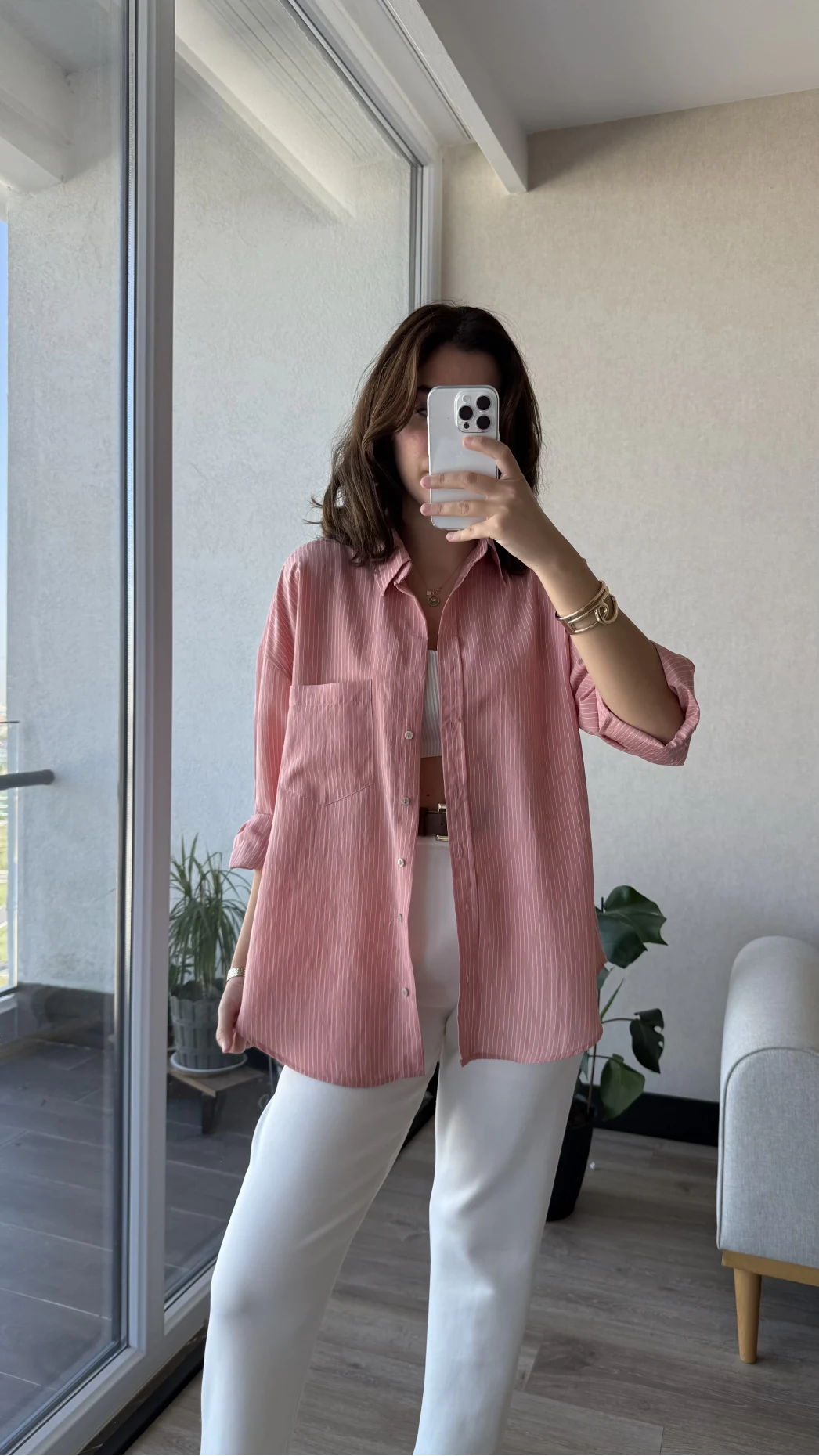 Modal Çizgili Pembe Gömlek