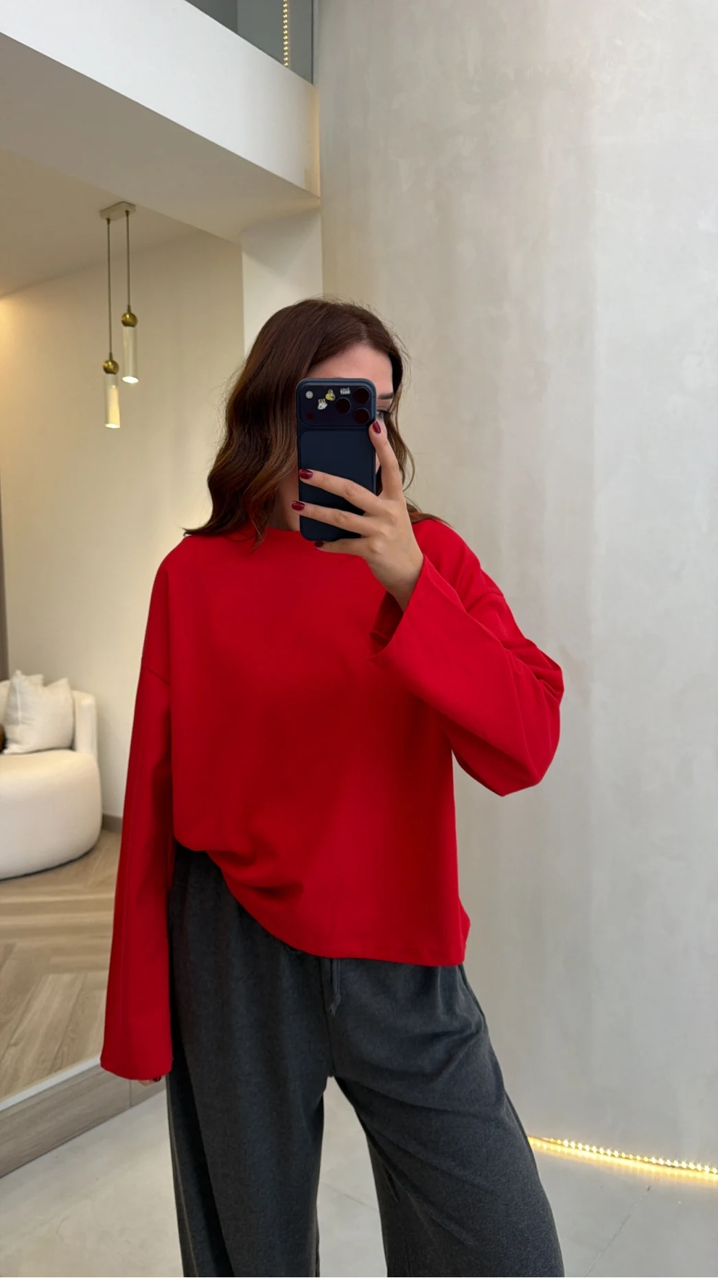 Molina Bisiklet Yaka Basıc Sweatshirt - Kırmızı - Kod: 4886